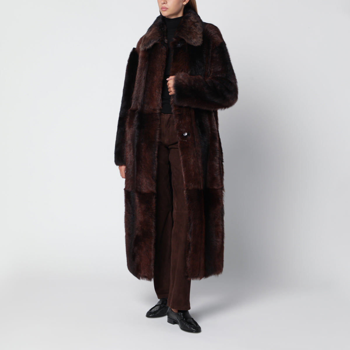 Verena long coat in shearling leather, Brown