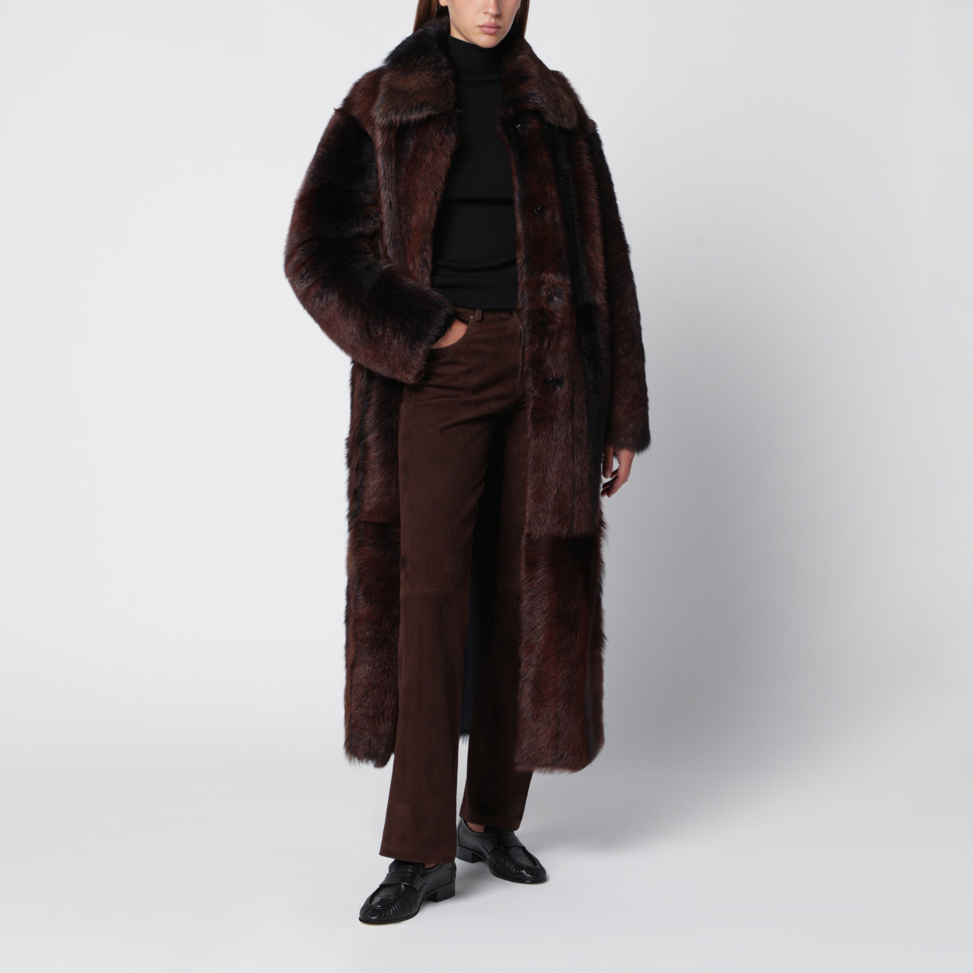 Verena long coat in shearling leather, Brown