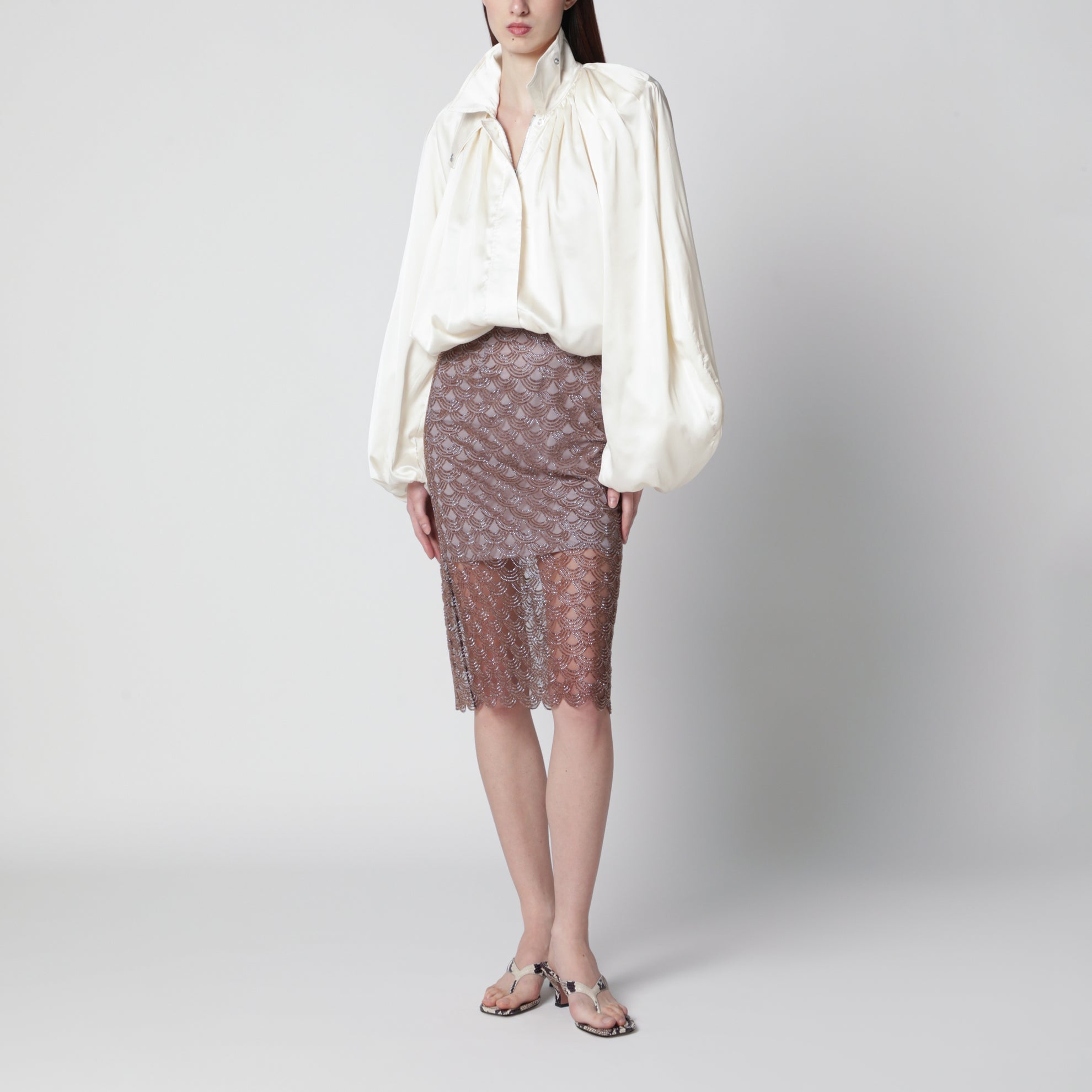 Sequin midi skirt with scalloped hem in gull grey