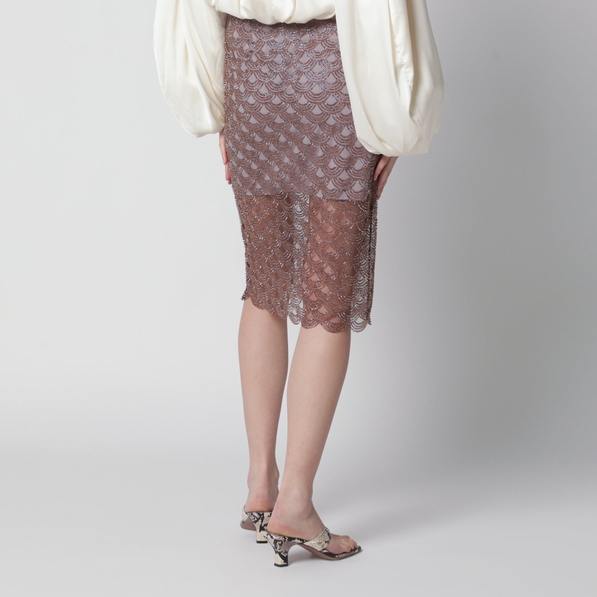 Sequin midi skirt with scalloped hem in gull grey