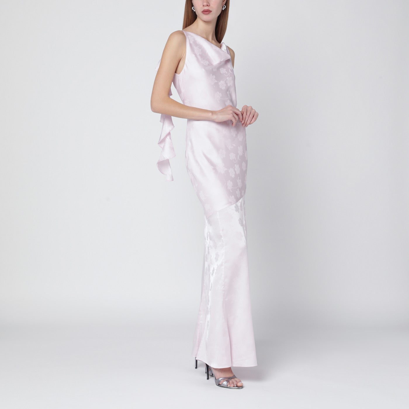 Long pink satin jacquard dress with ruffles