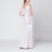Long pink satin jacquard dress with ruffles