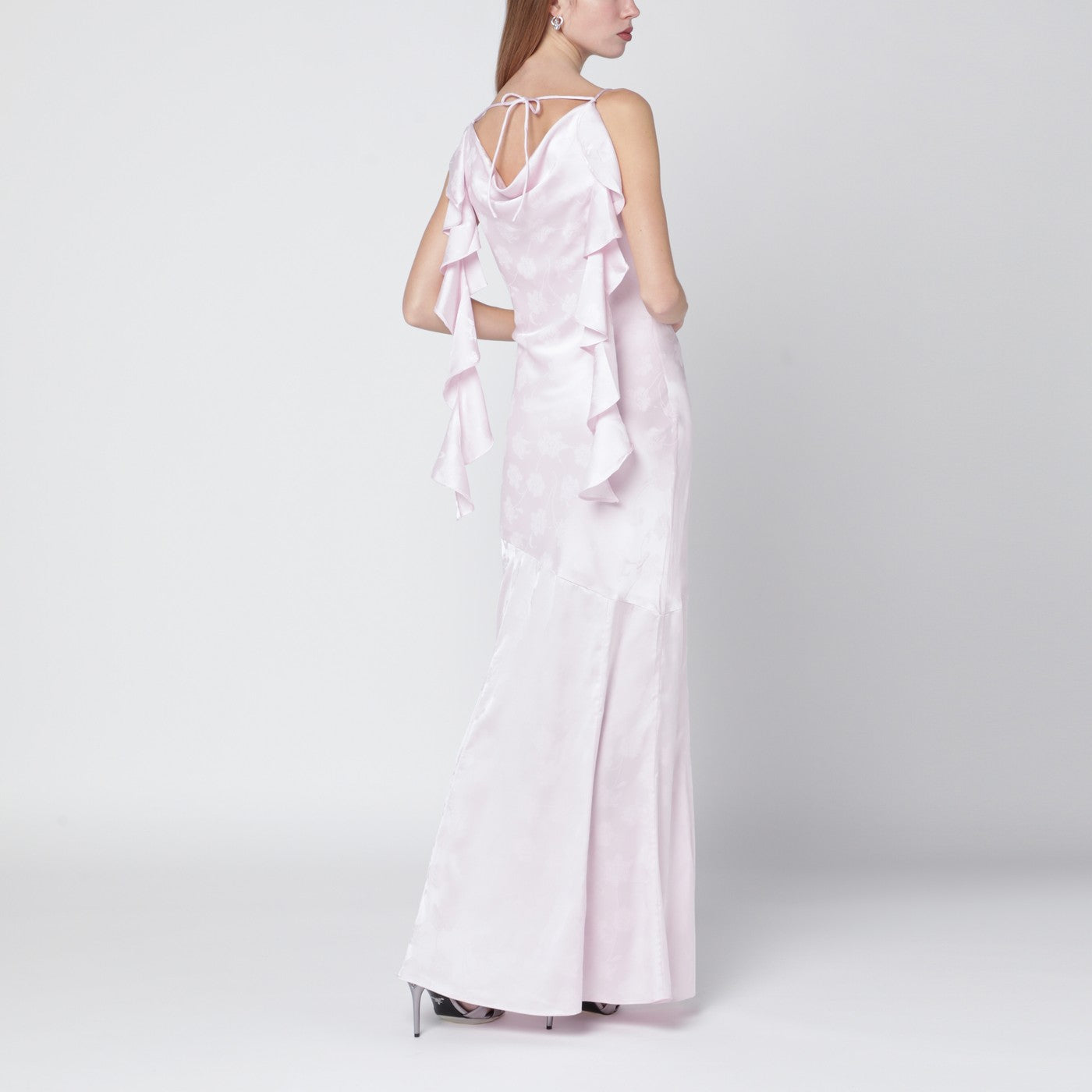 Long pink satin jacquard dress with ruffles