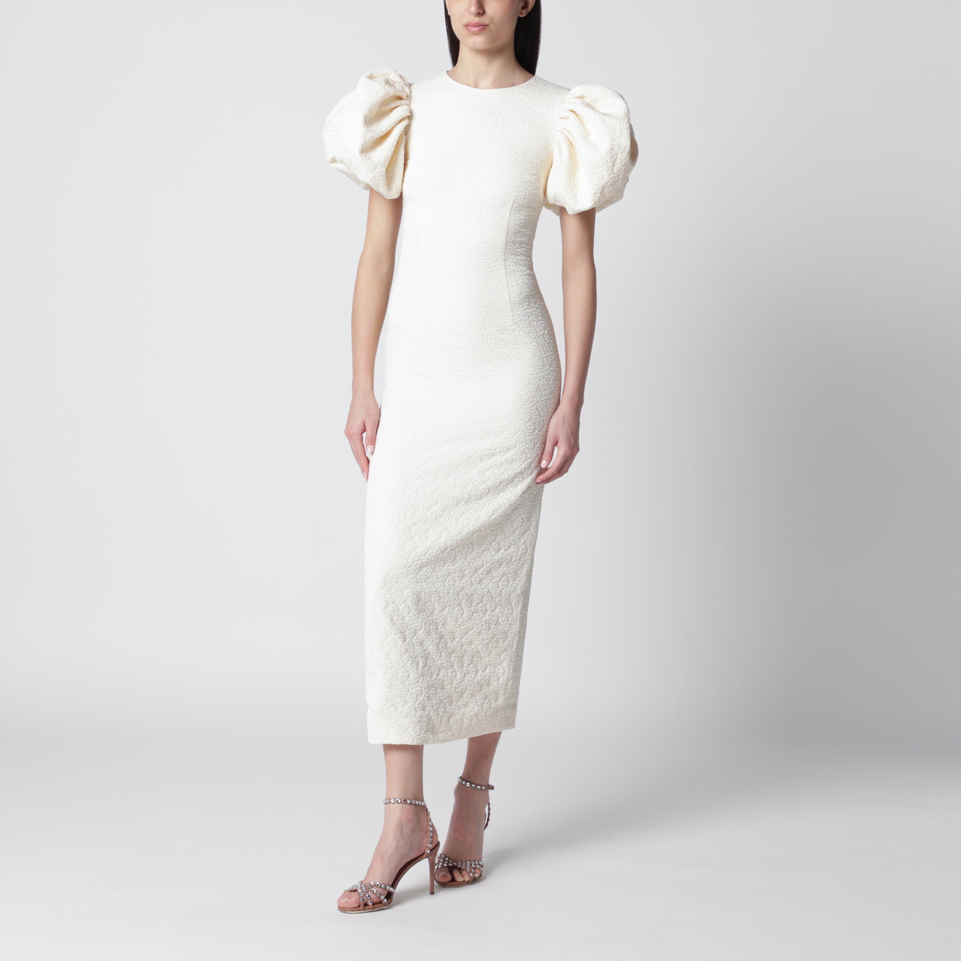 Abito midi a palloncino in jacquard bianco
