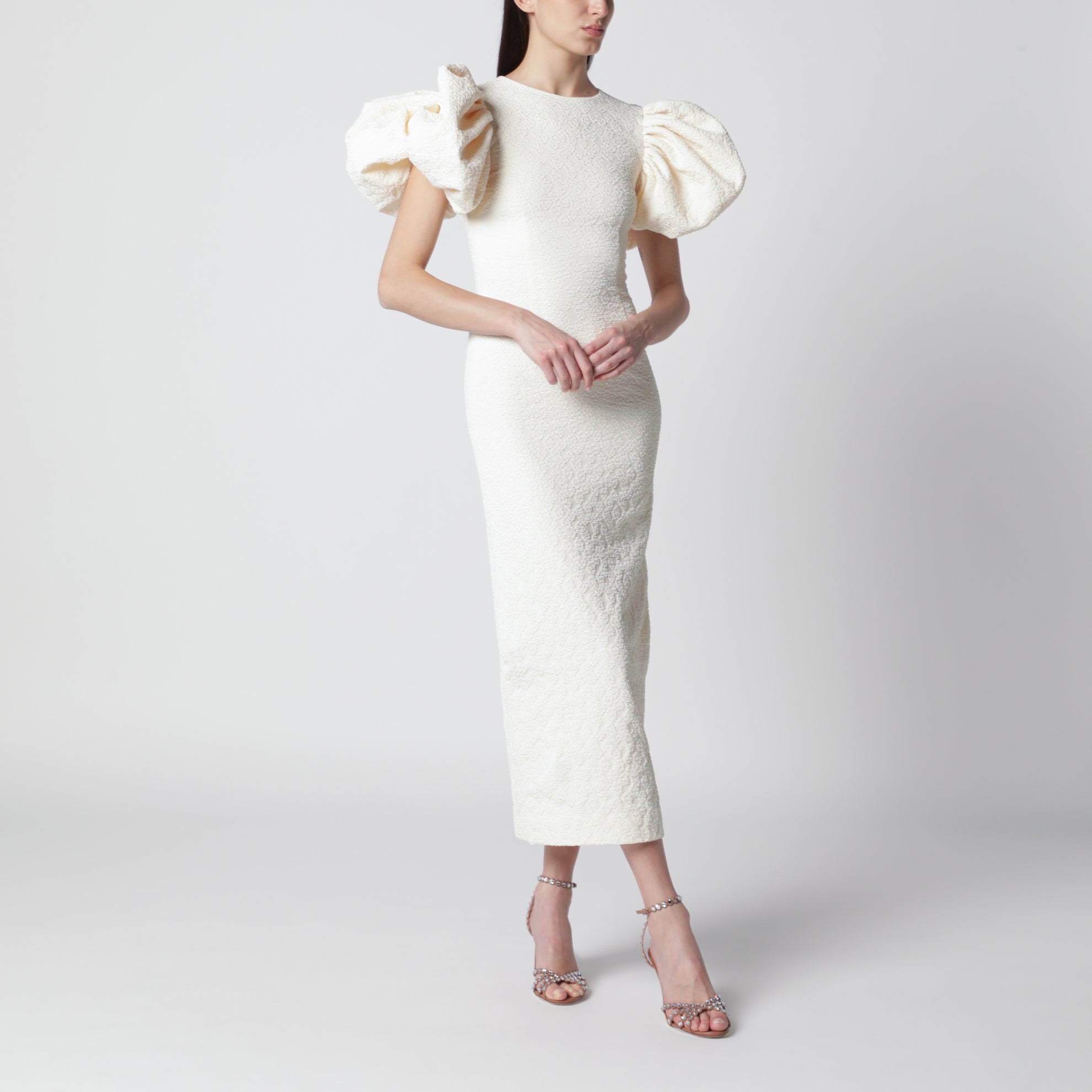 Abito midi a palloncino in jacquard bianco