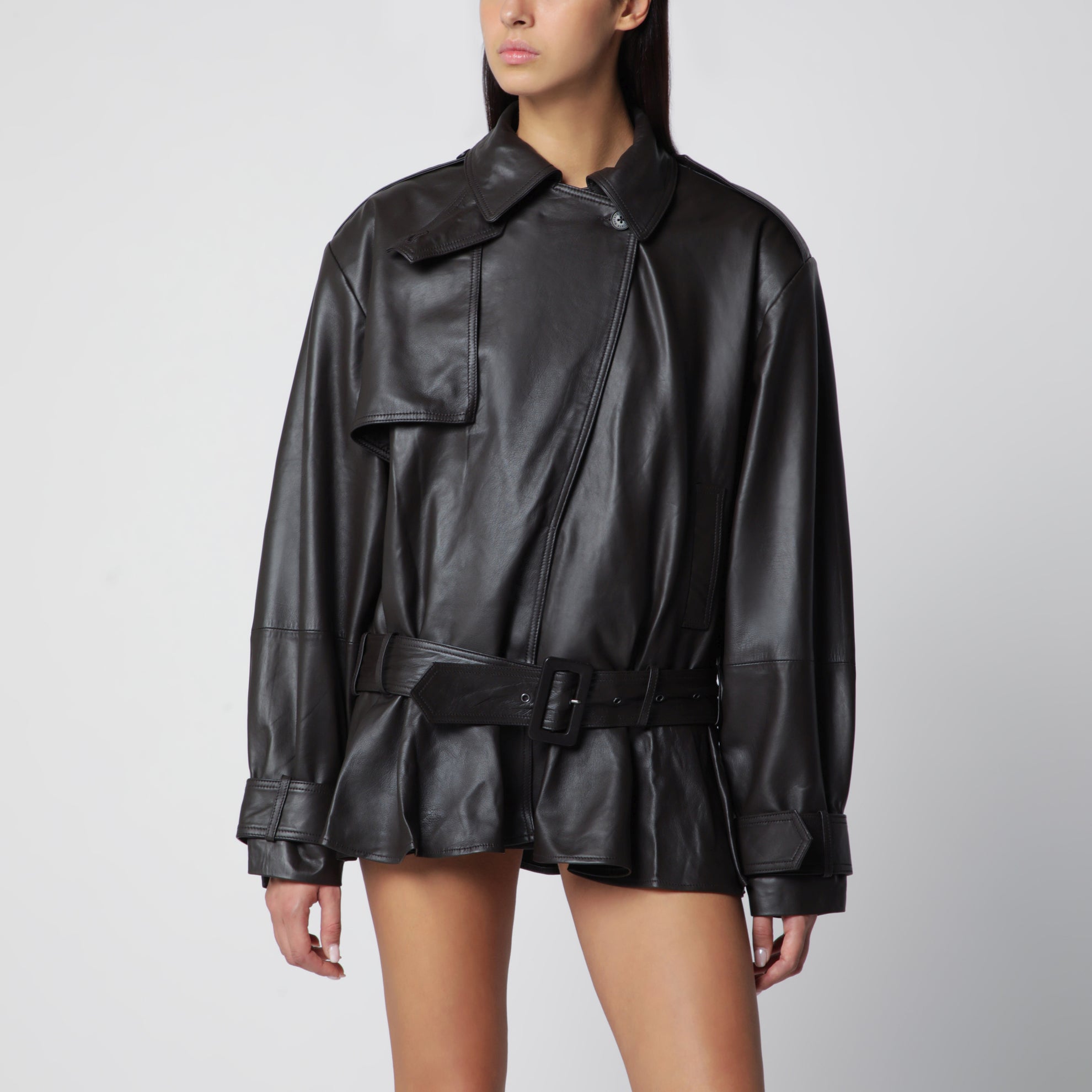 Giacca biker in pelle di agnello marrone scura