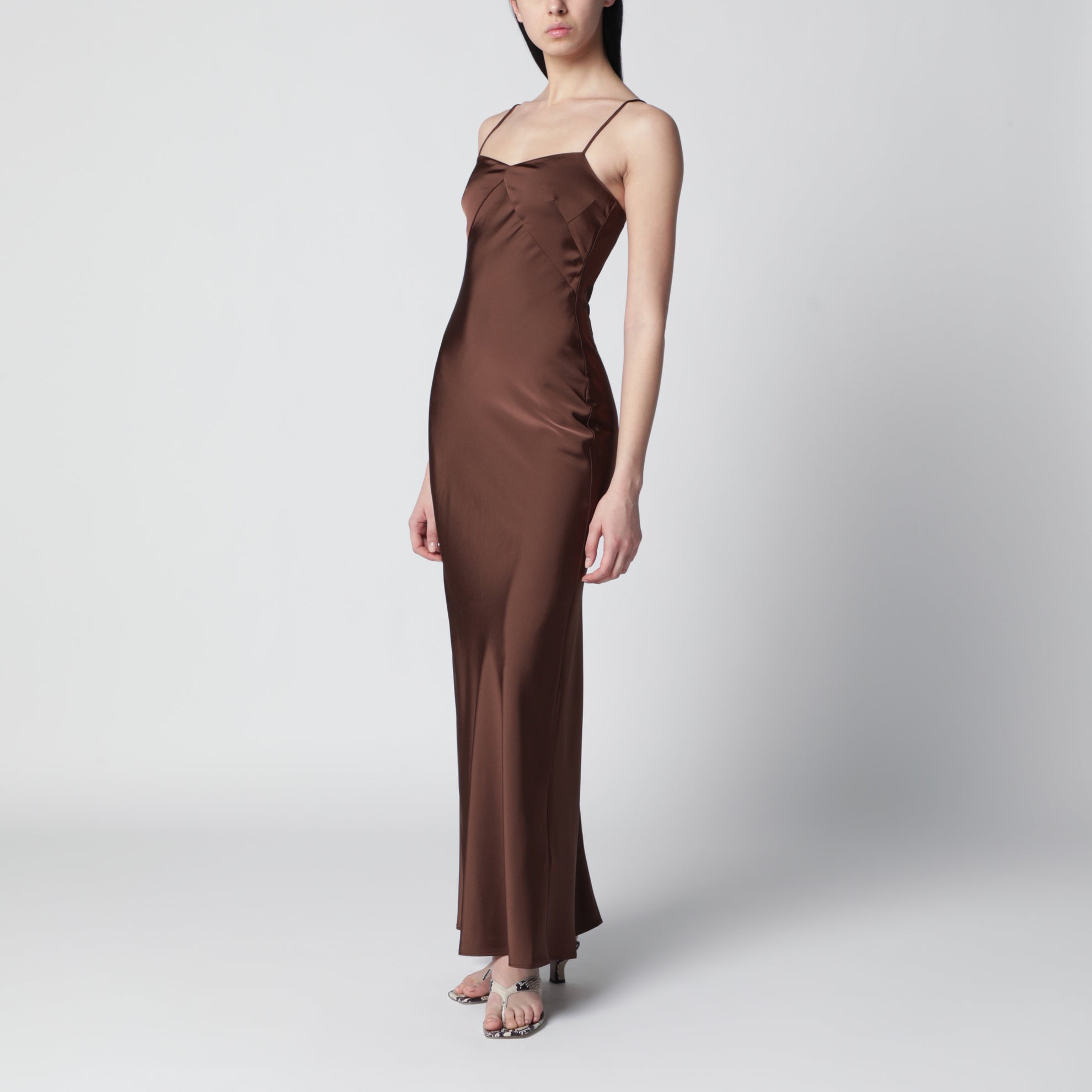 Long satin slip dress in Potting Soil