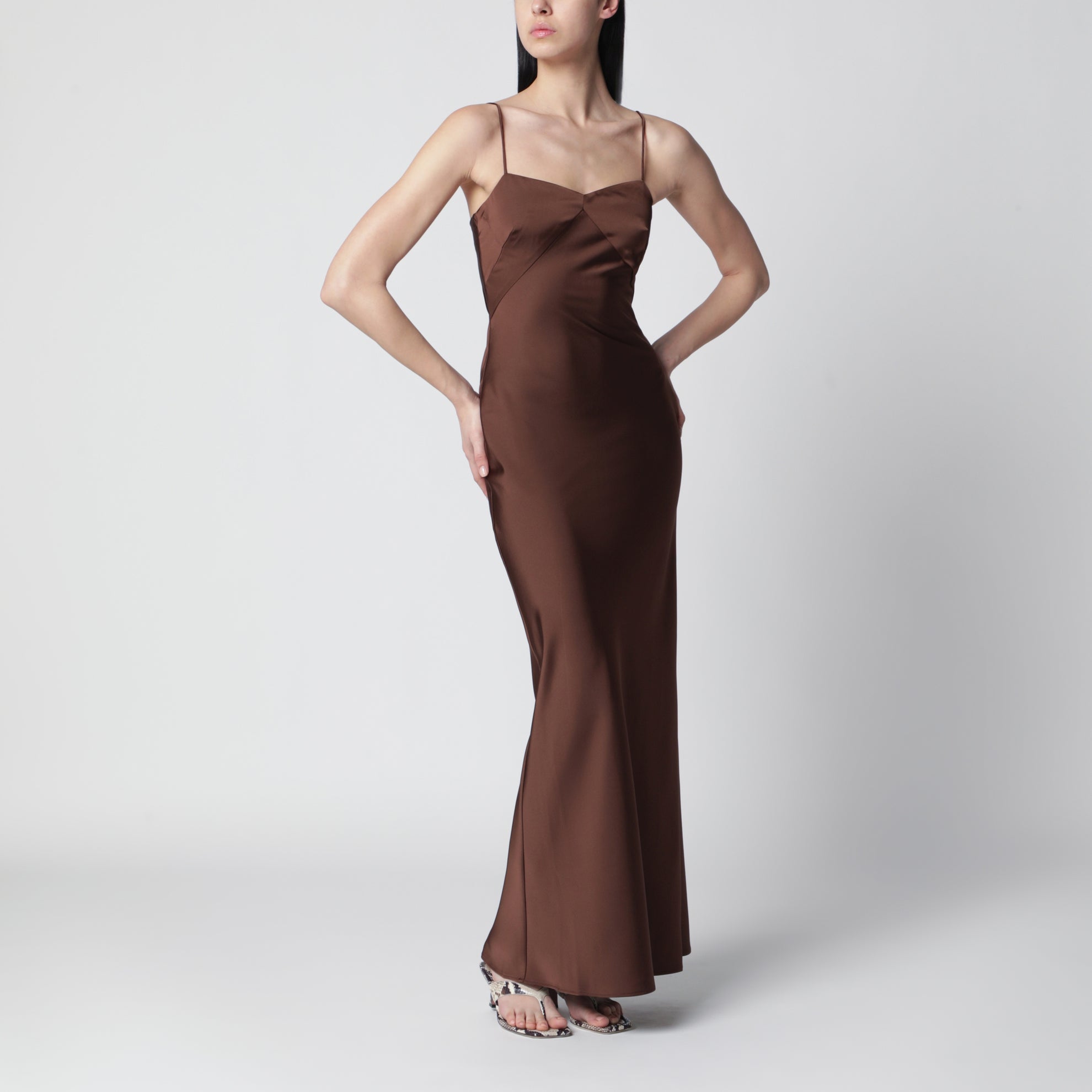 Long satin slip dress in Potting Soil