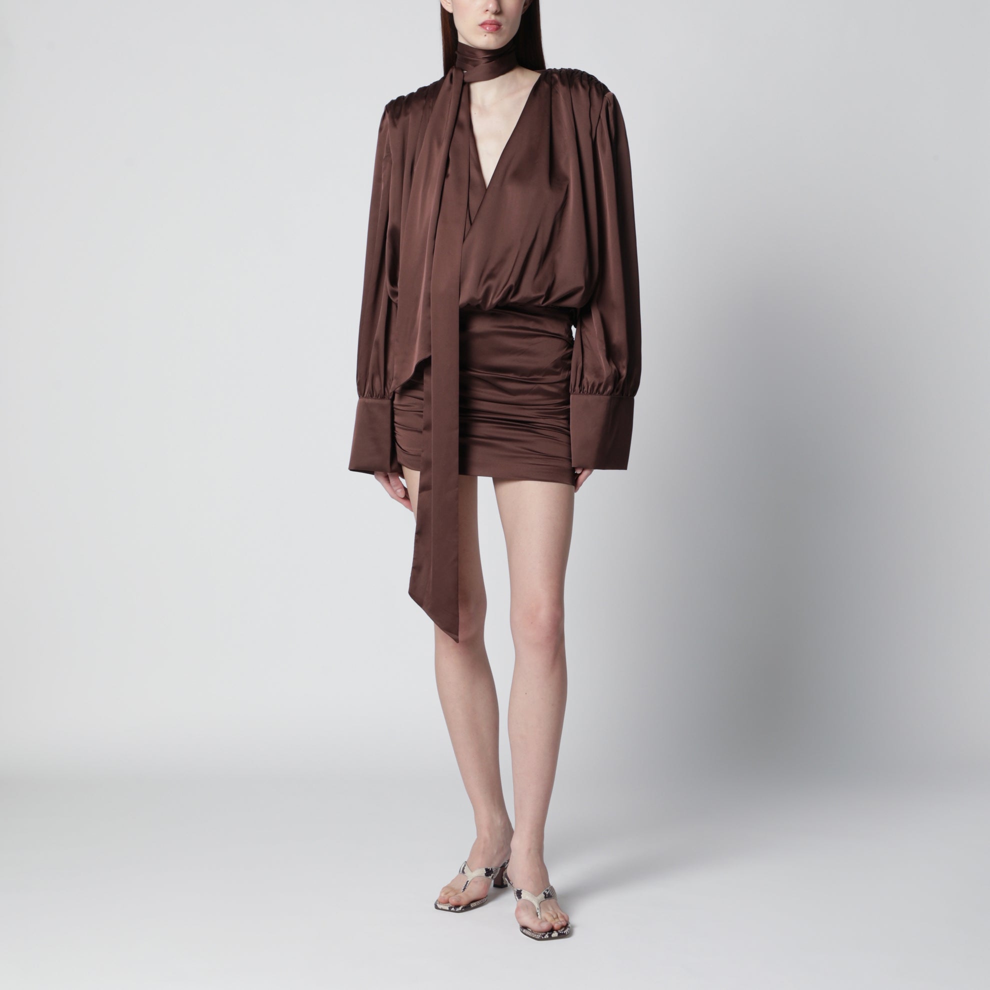 Short chiffon dress with deep V-neck and bow, brown