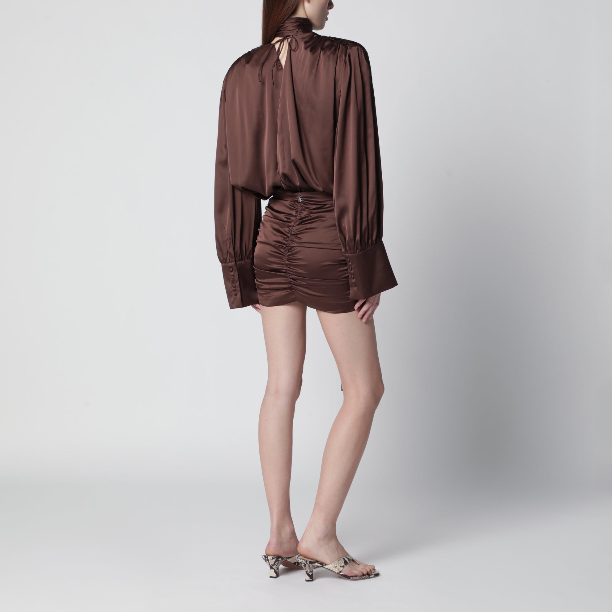 Short chiffon dress with deep V-neck and bow, brown