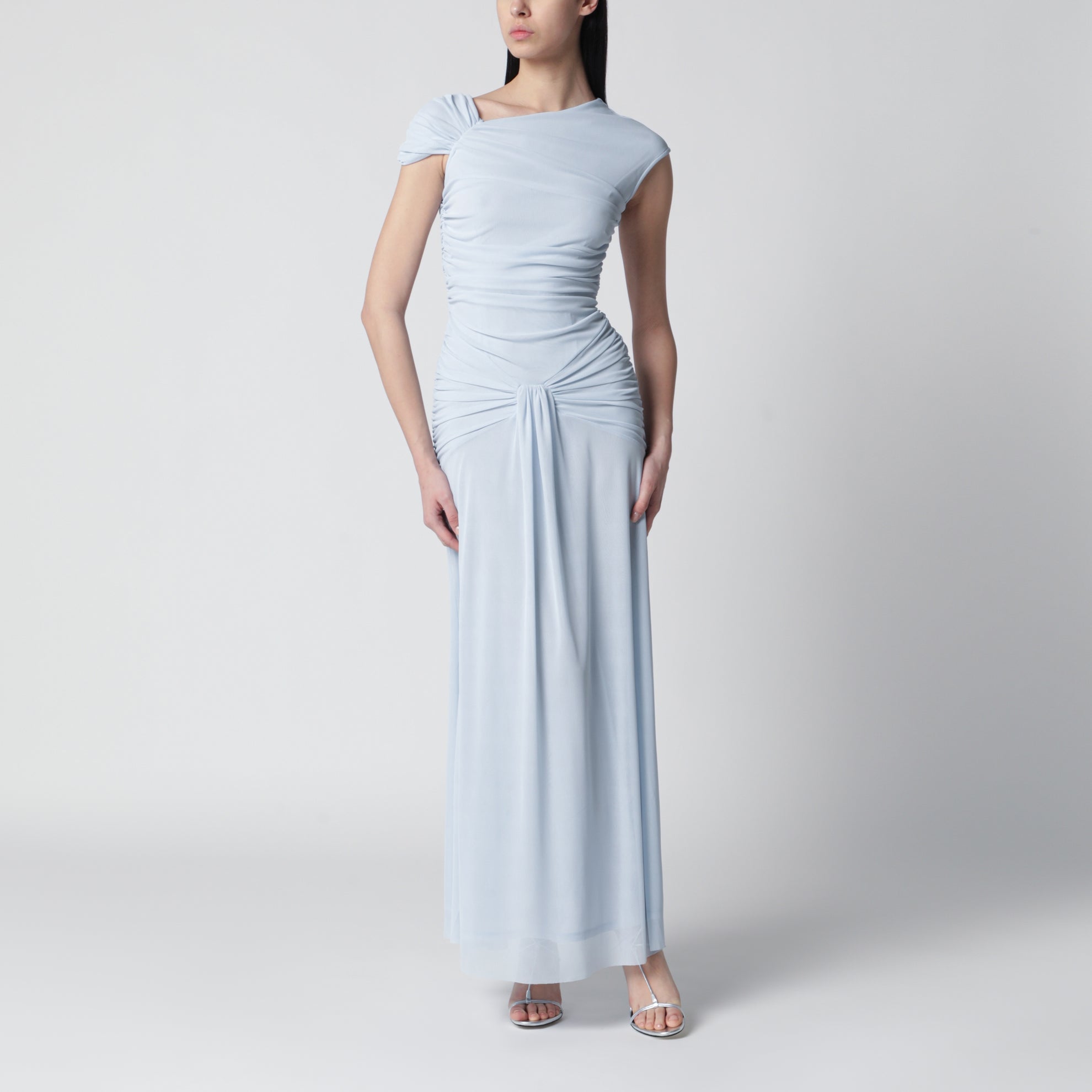 Robe longue asymétrique à une épaule, bleu ciel