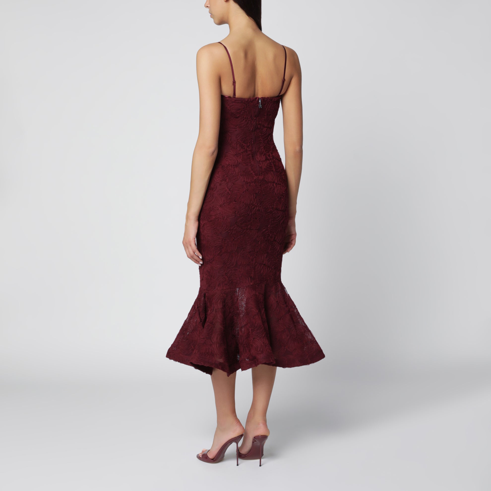 Rotate | Burgundy Floral Mesh ruffle Dress | Woman