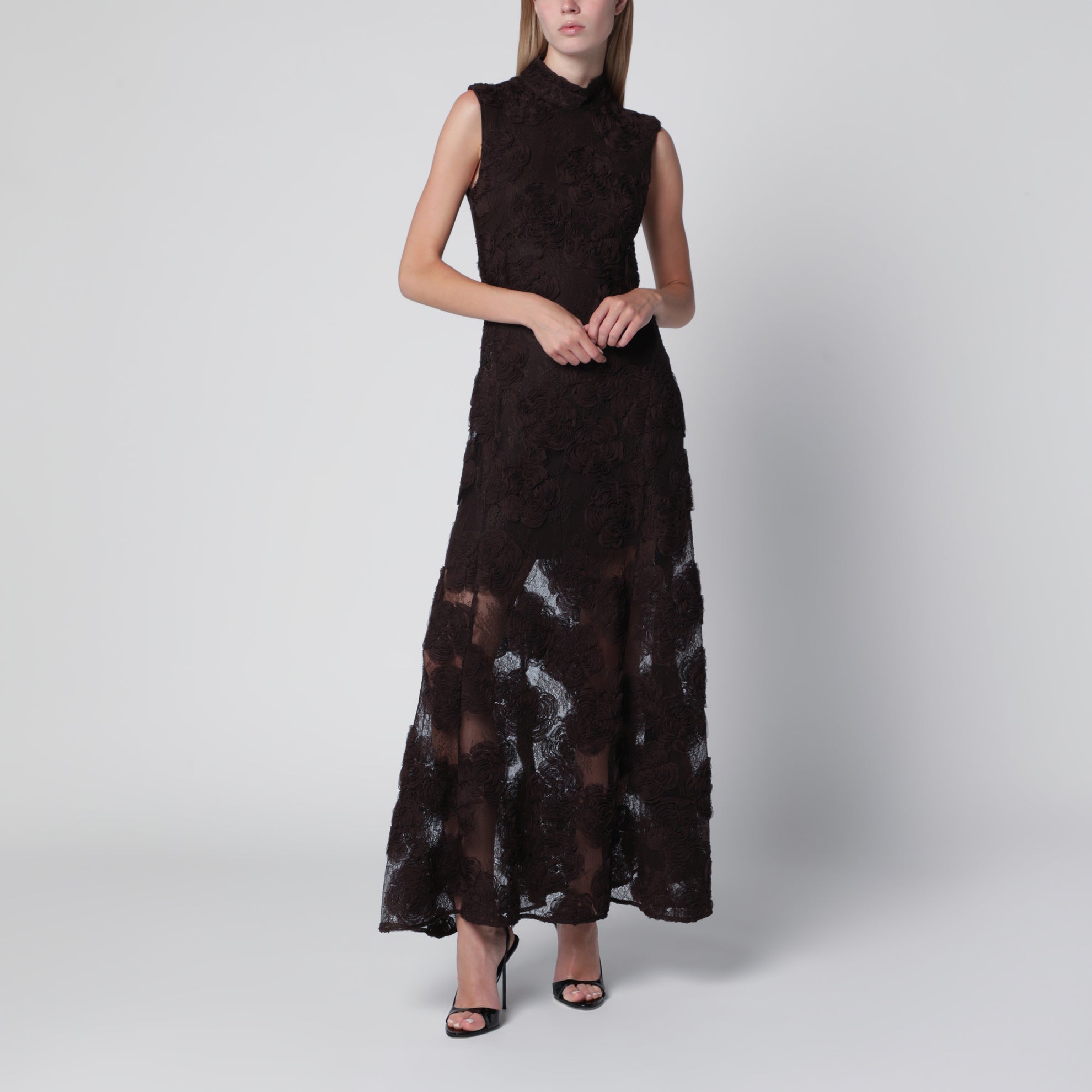 Robe à fleurs 3D marron foncé
