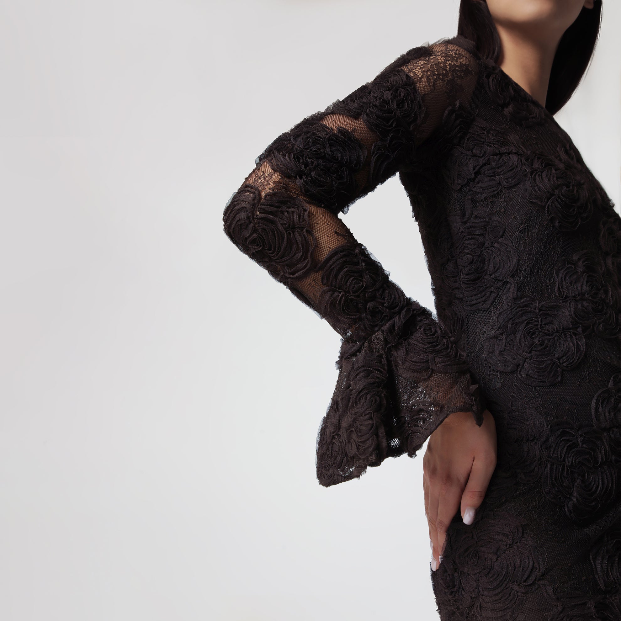 Mini abito 3D Flower in pizzo floreale marrone scuro