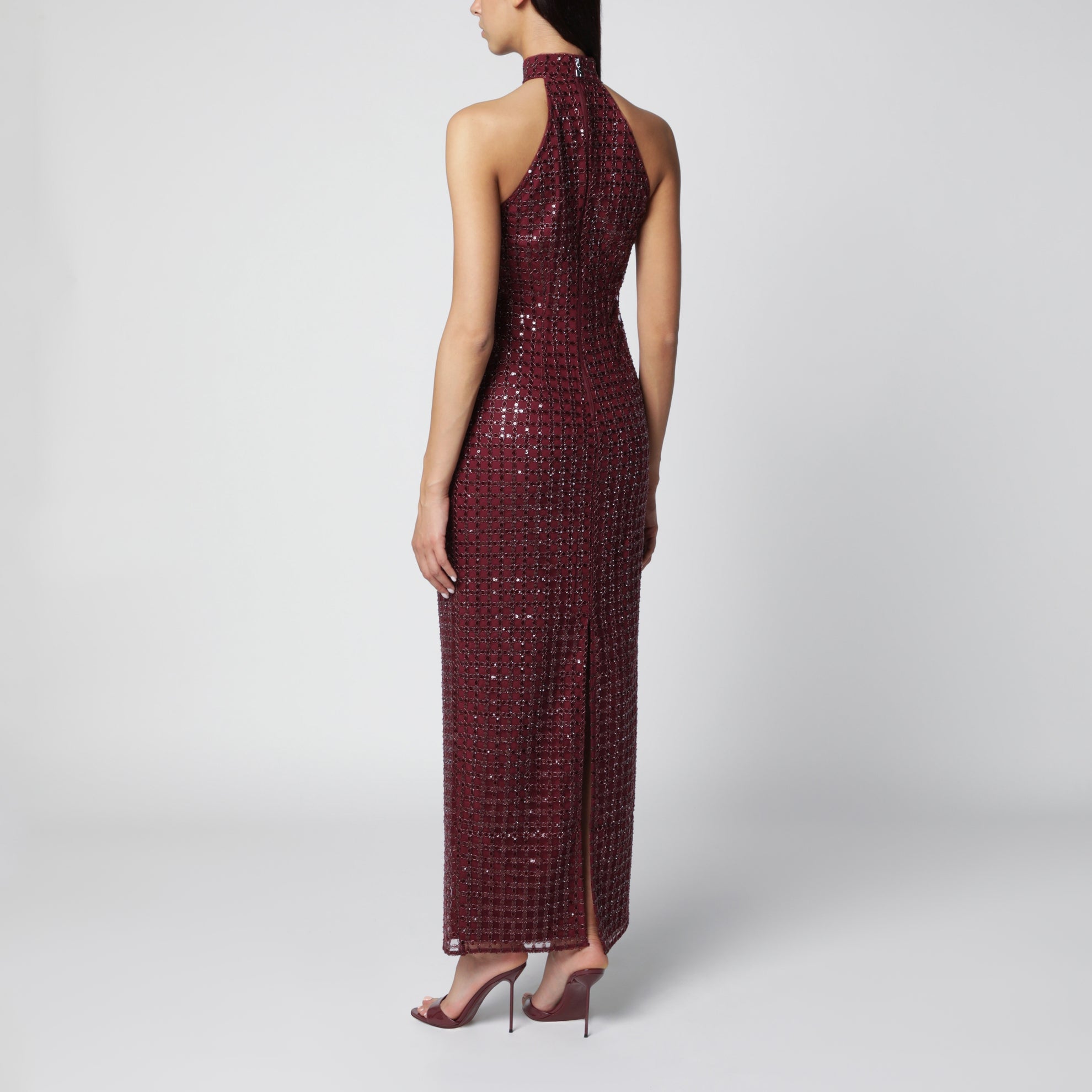Abito lungo bordeaux con perline