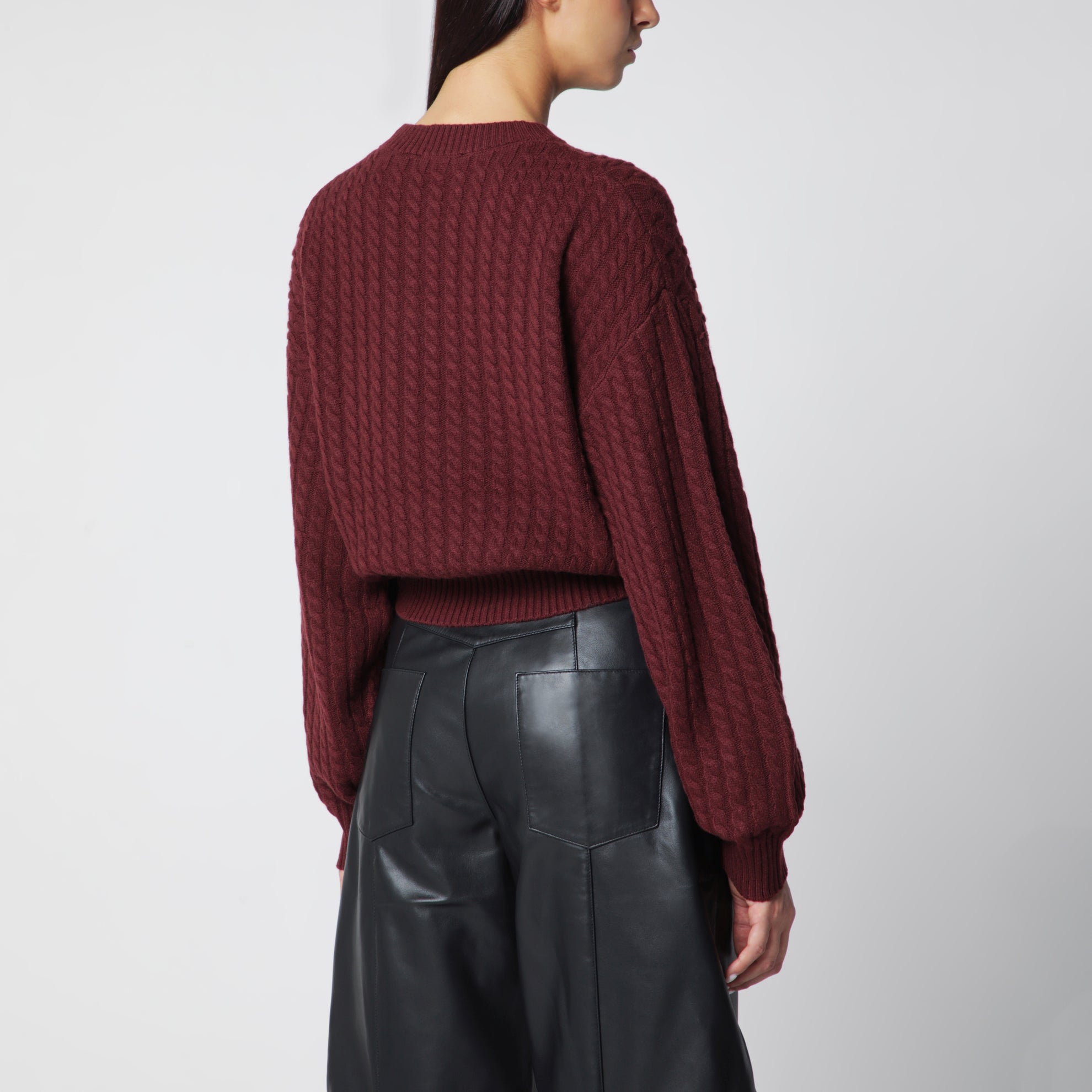 Maglione a trecce in lana e cashmere color cioccolato