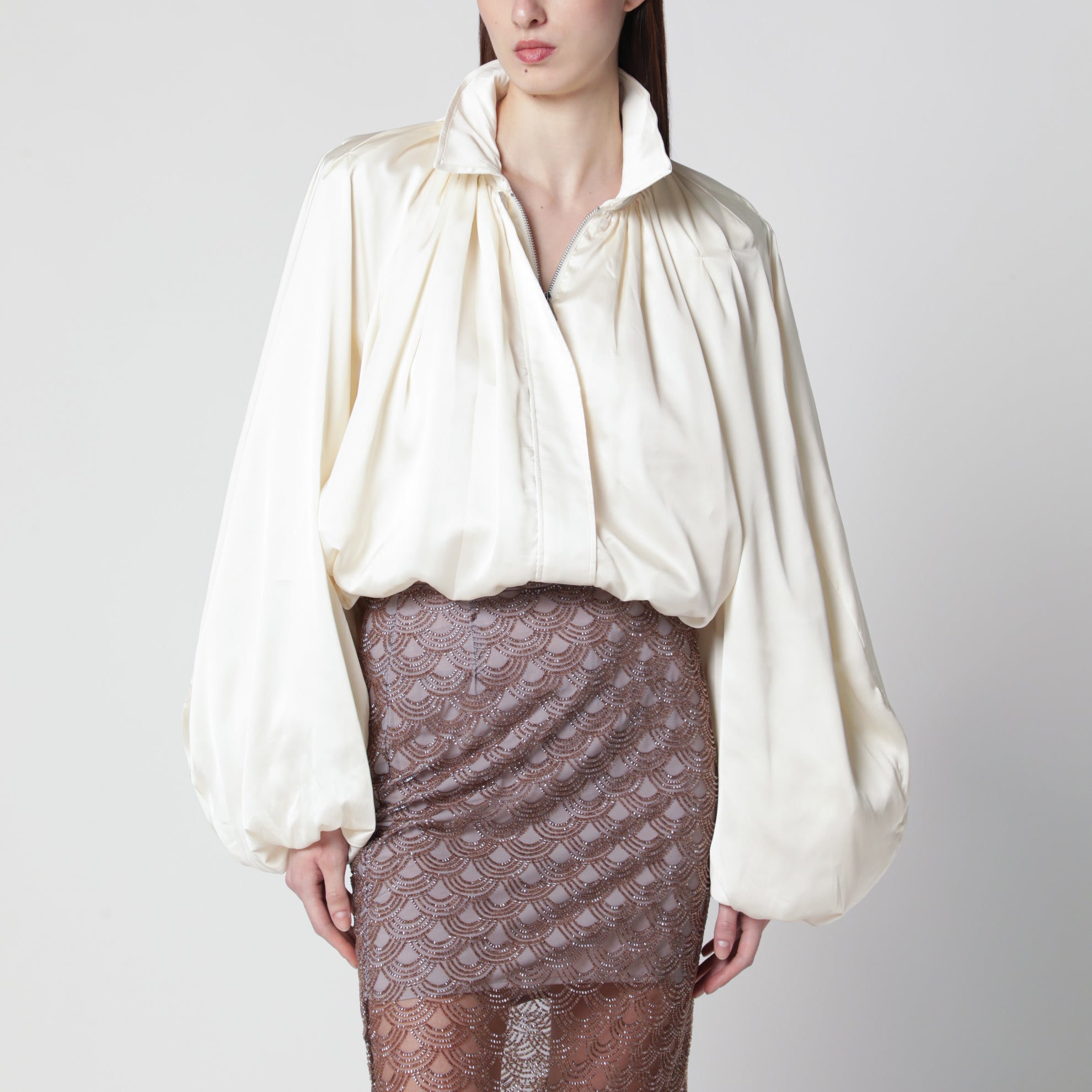 Beige satin zip-up bomber jacket