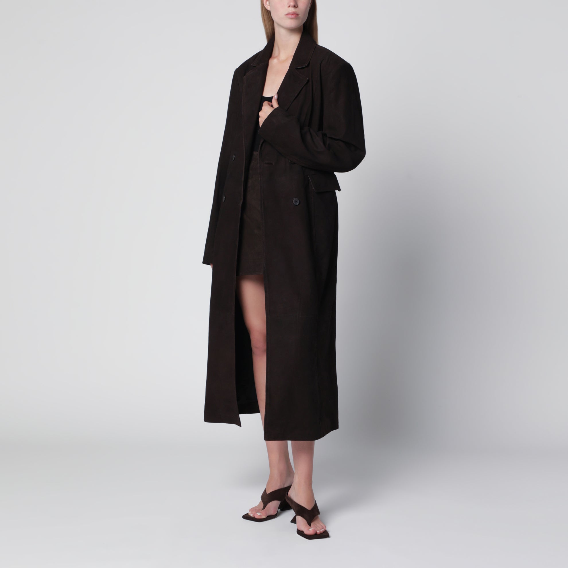 Dark brown double-breasted suede coat
