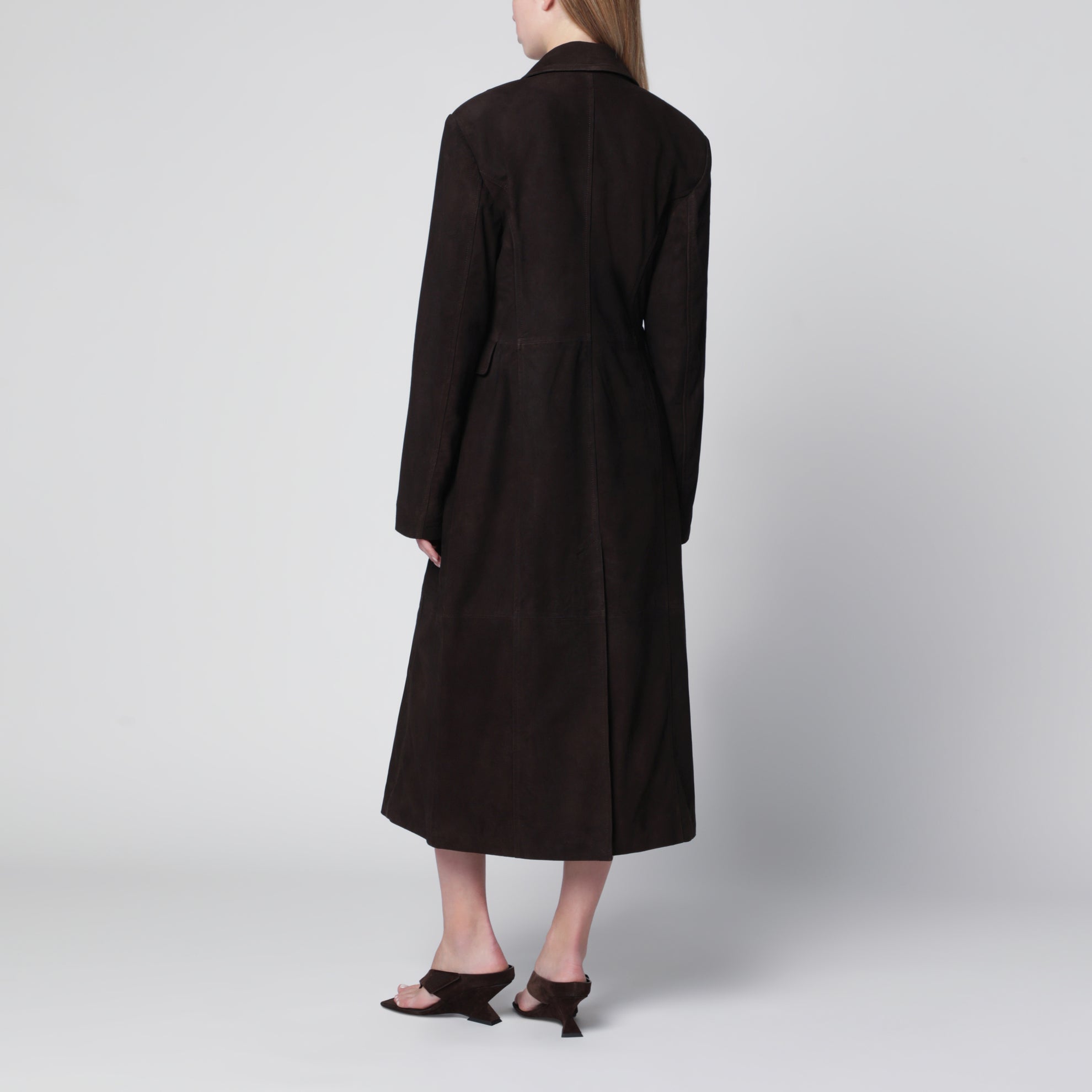 Dark brown double-breasted suede coat