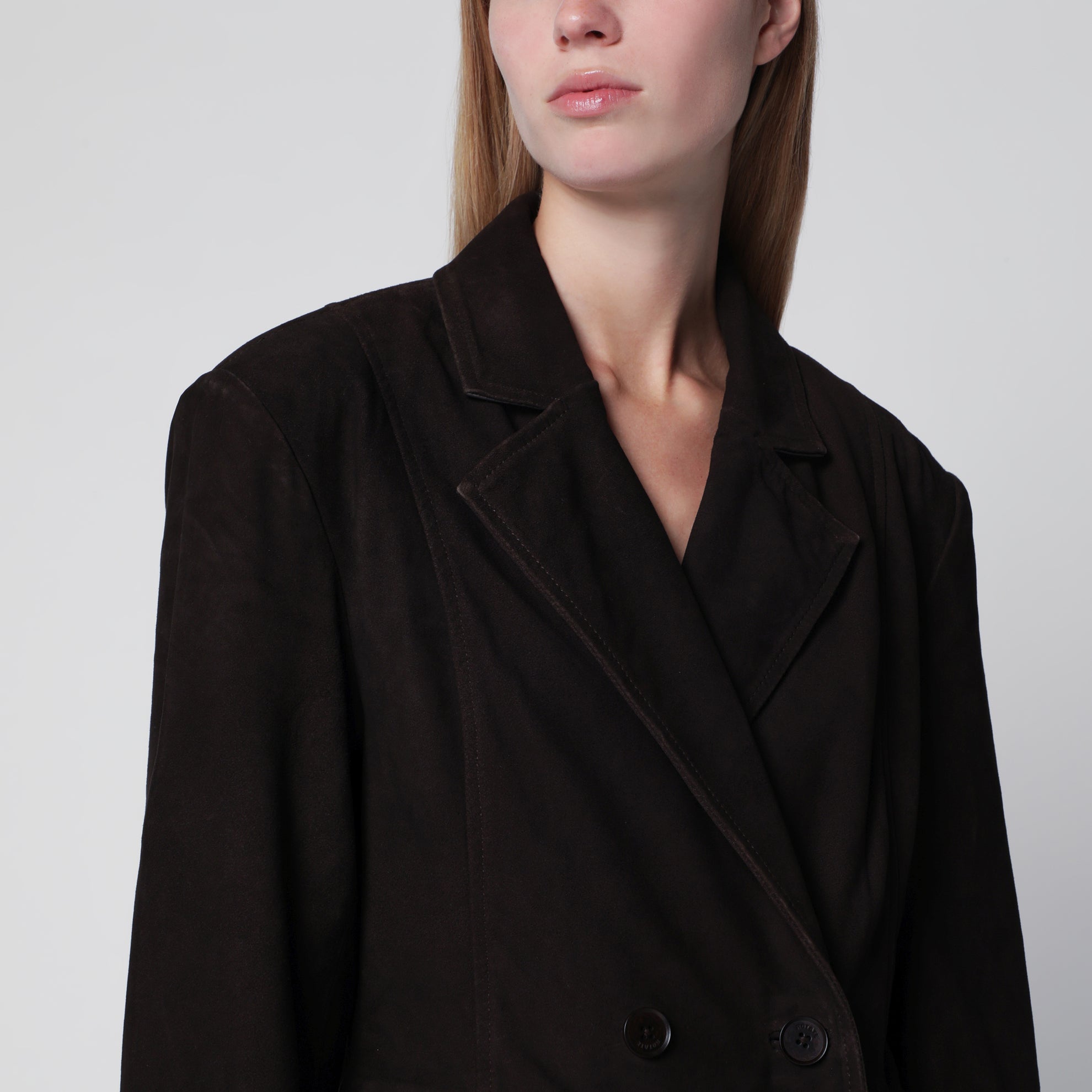 Dark brown double-breasted suede coat