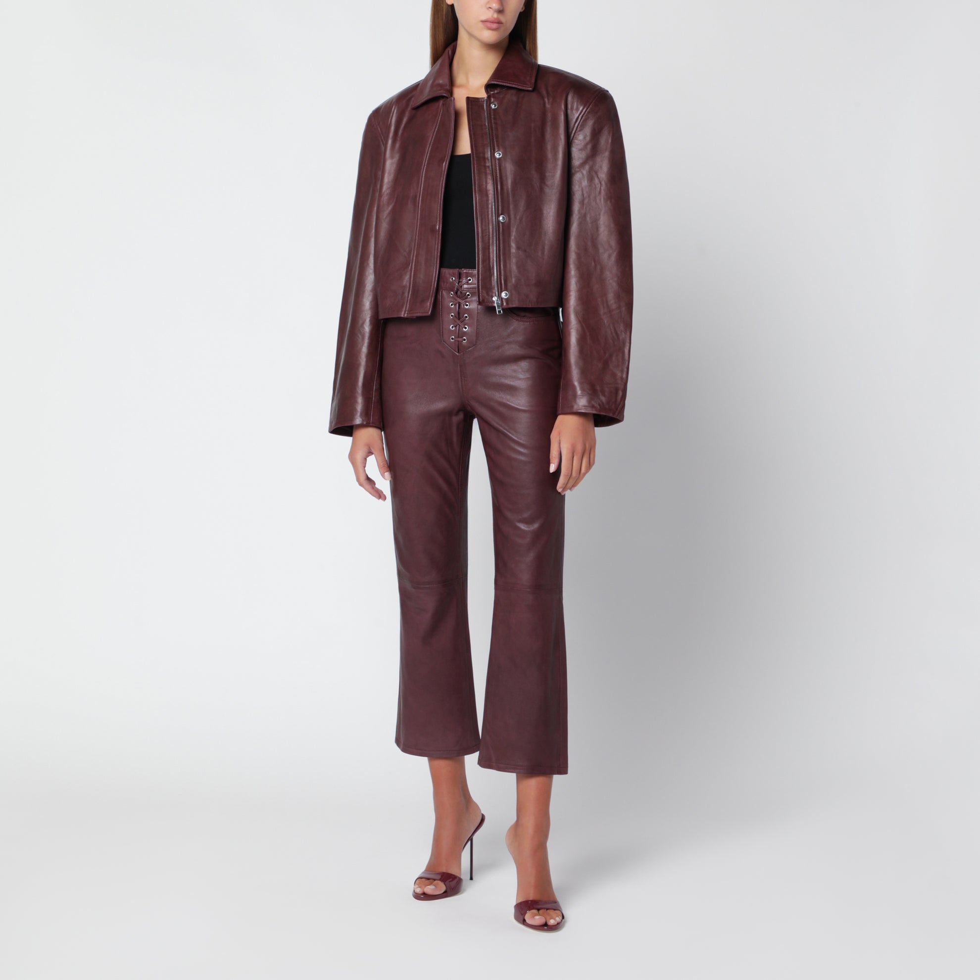 pantalon capri évasé en cuir marron