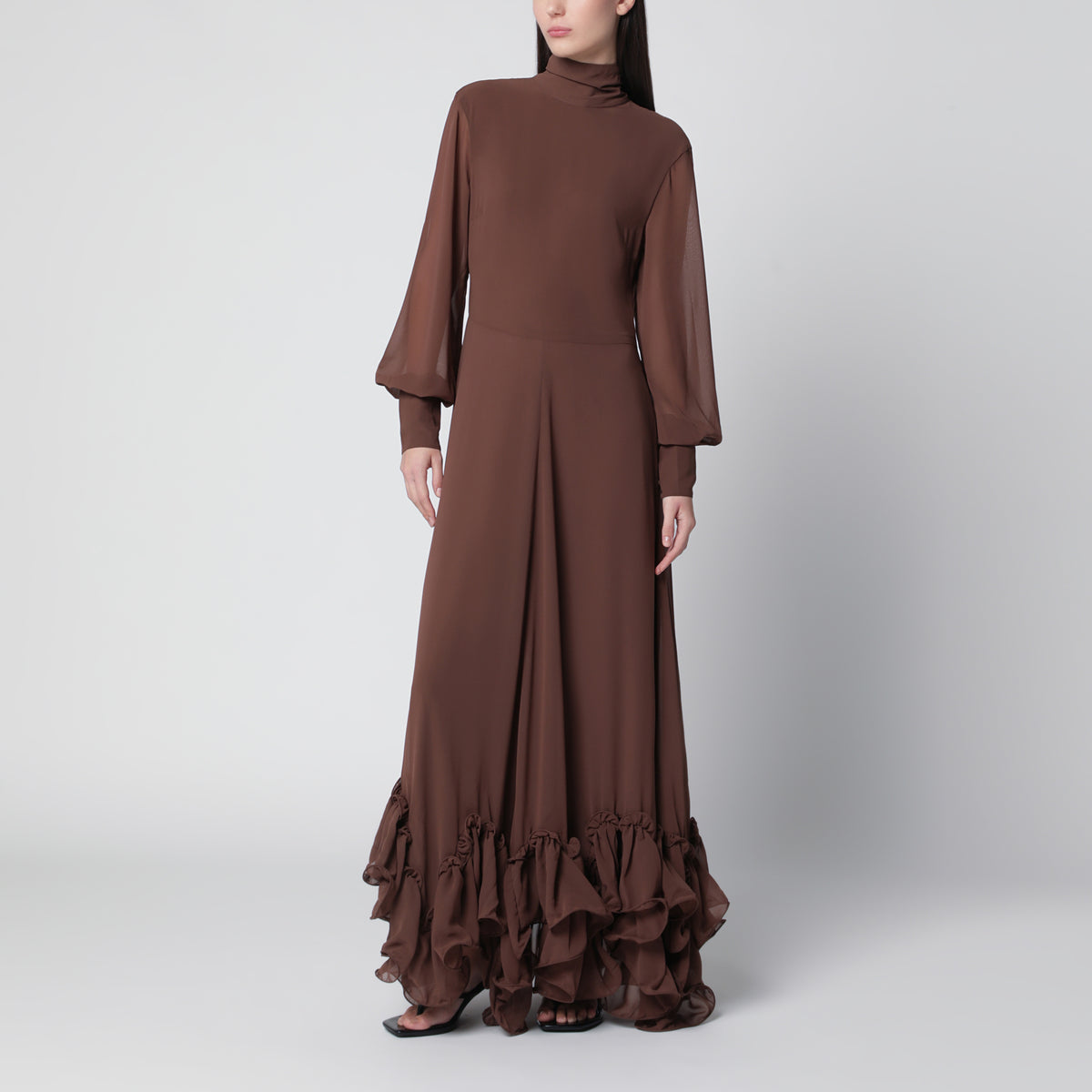 Braunes langes Kleid mit Volants