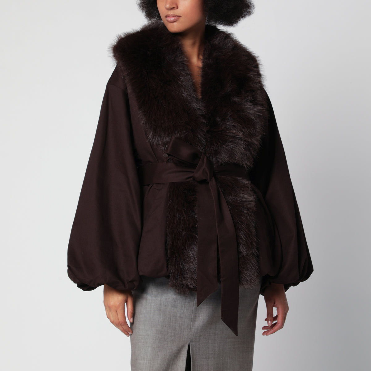 Brown belted jacket with faux fur collar