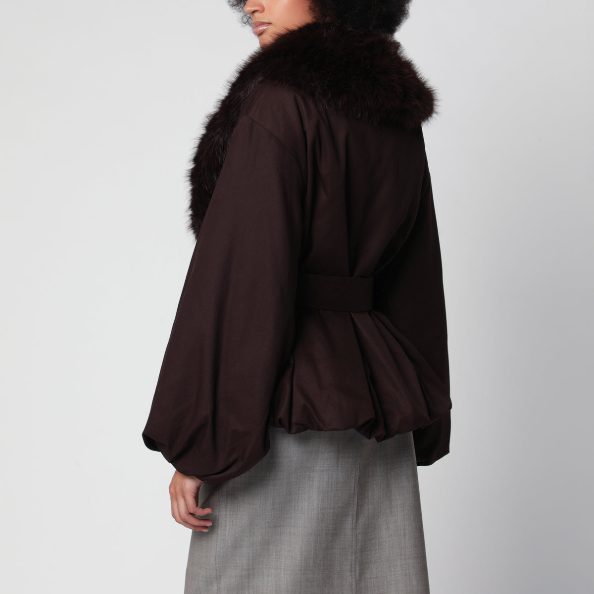 Brown belted jacket with faux fur collar