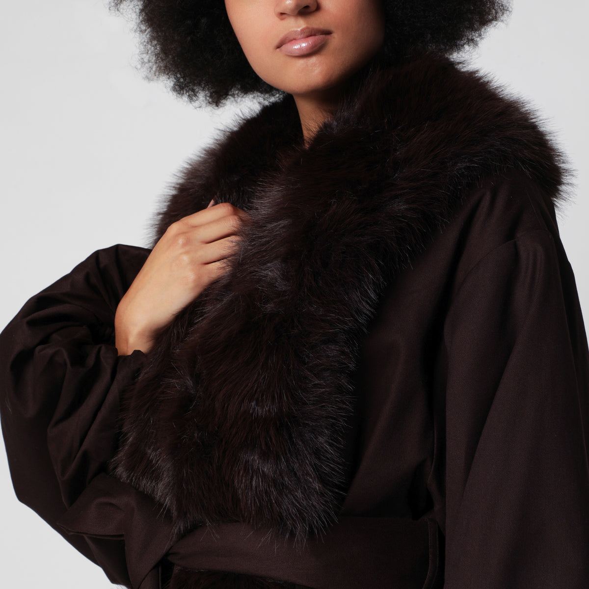 Brown belted jacket with faux fur collar