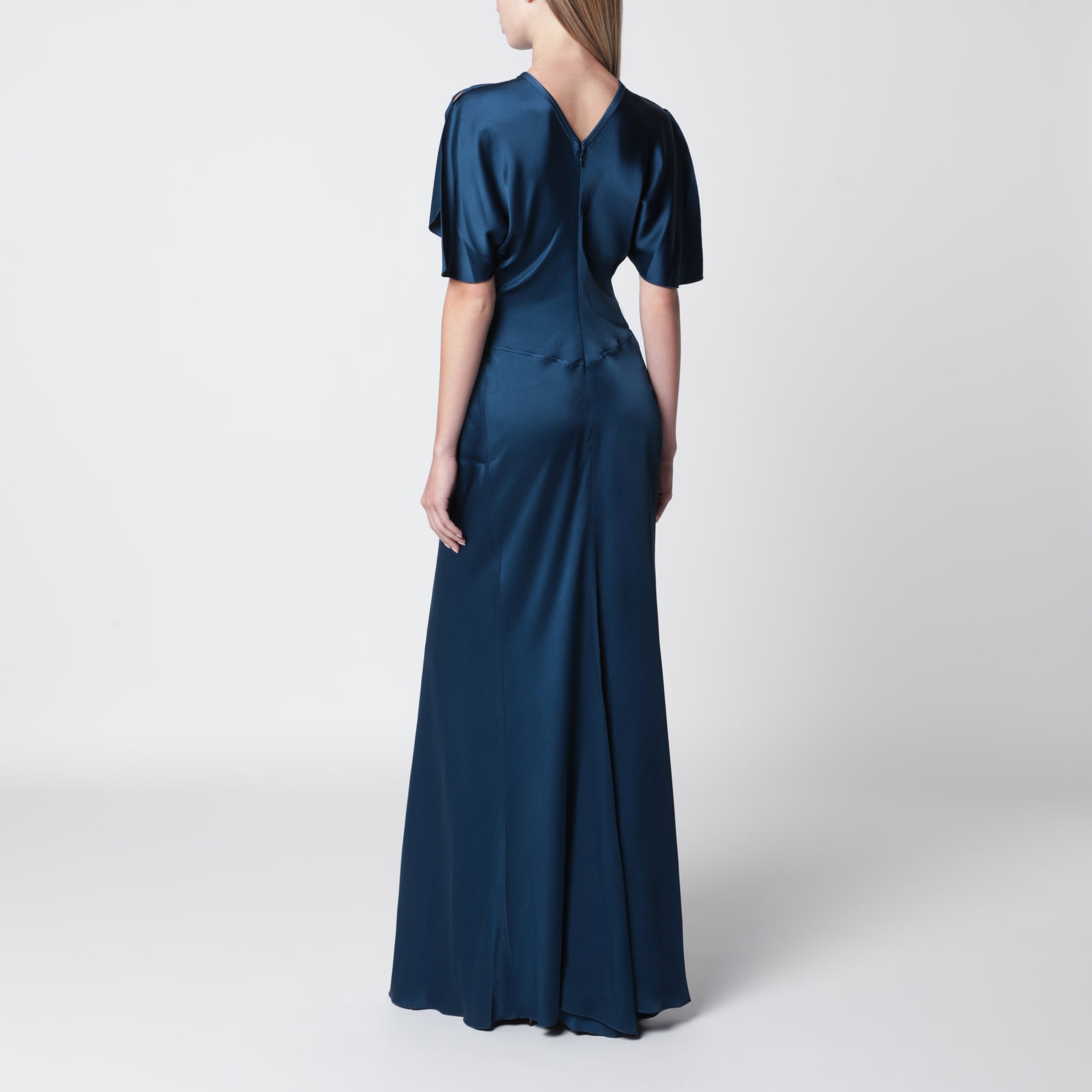 Abito lungo Isabella in crêpe di raso blu oceano