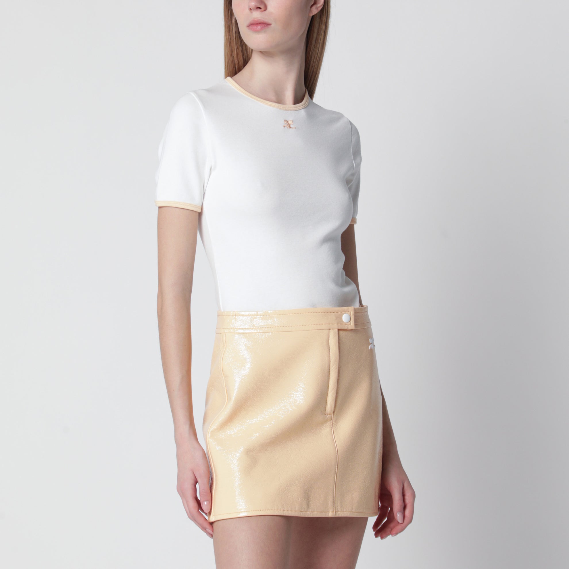 White/orange contrast cotton crew-neck T-shirt