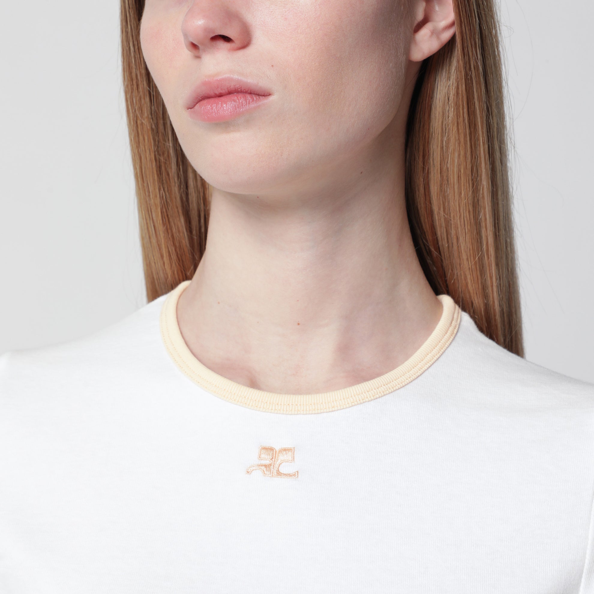 White/orange contrast cotton crew-neck T-shirt
