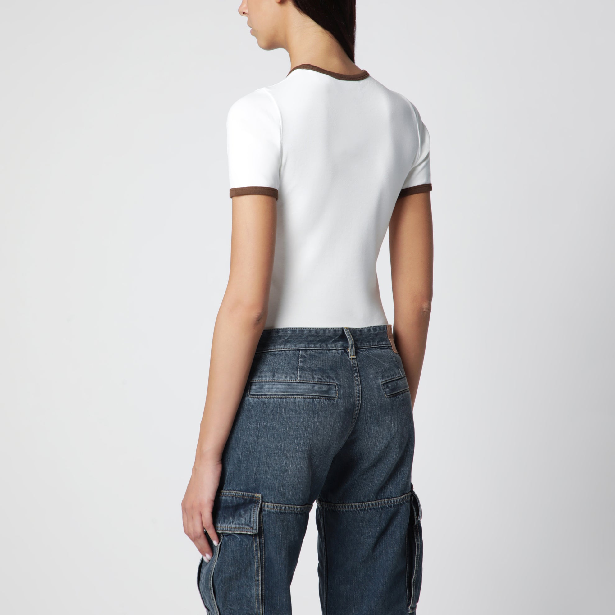 T-shirt con girocollo a contrasto in cotone bianca/marrone