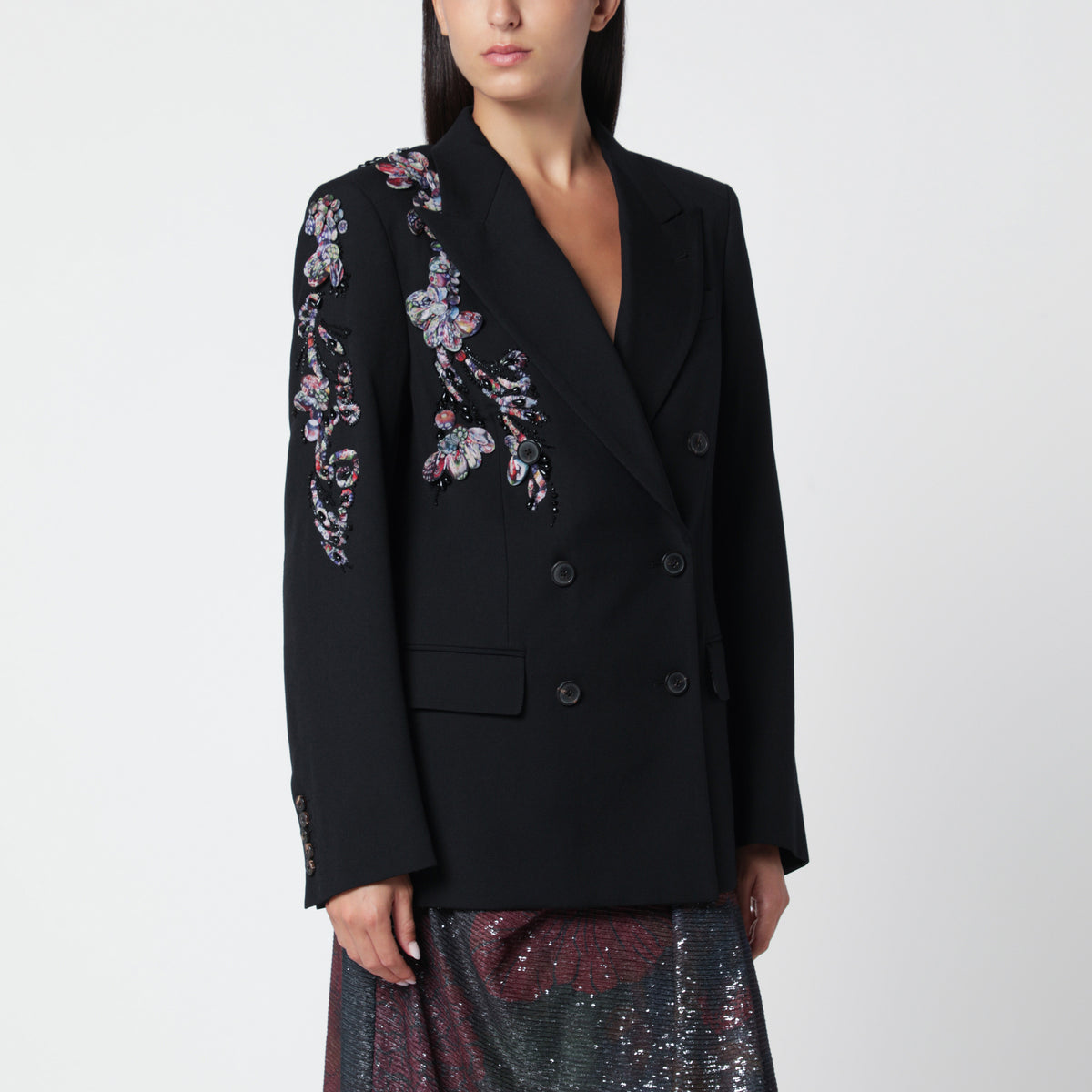 Schwarze Zweireiherjacke mit floralen Applikationen aus Pailletten