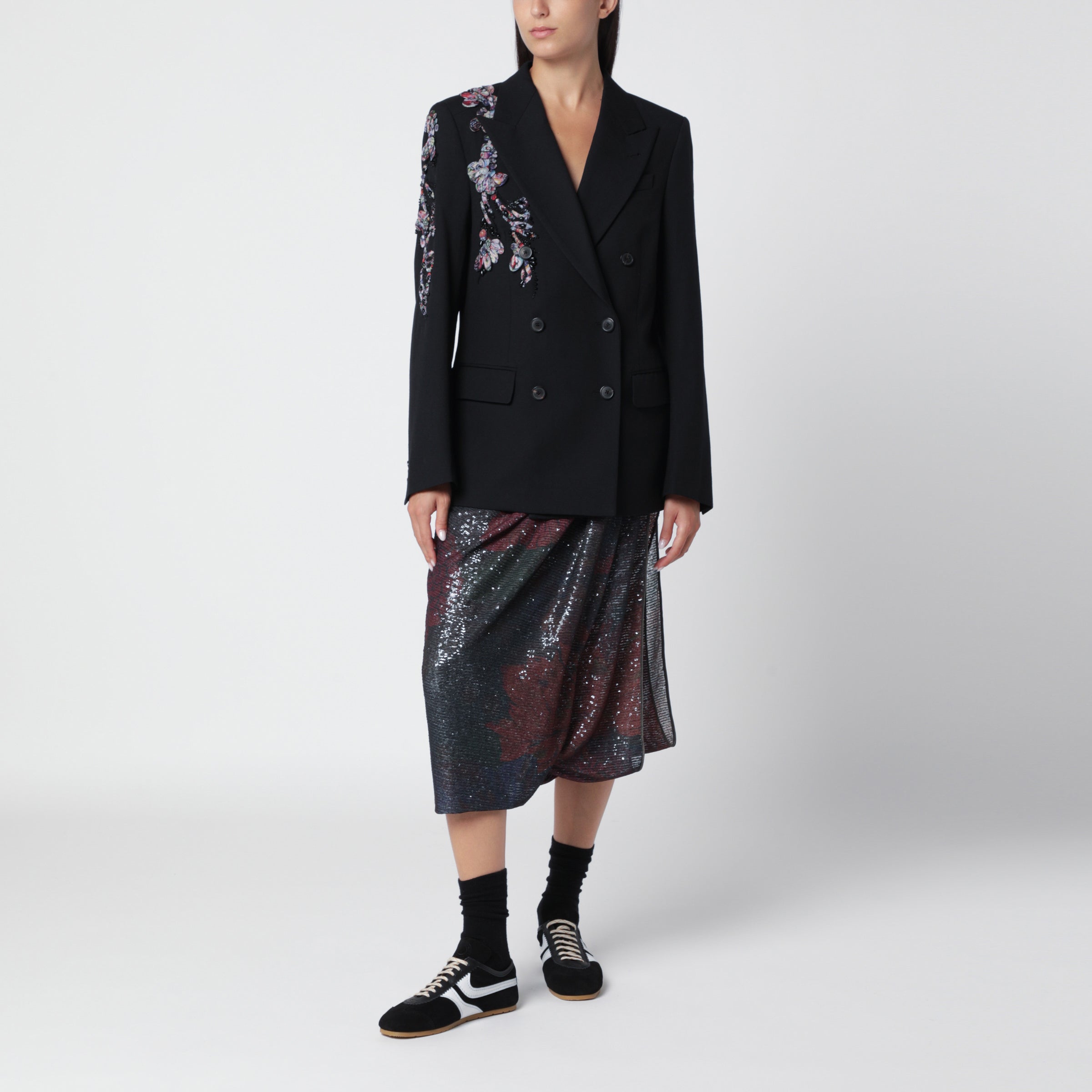 Dries Van Noten Black double-breasted jacket with floral sequinned