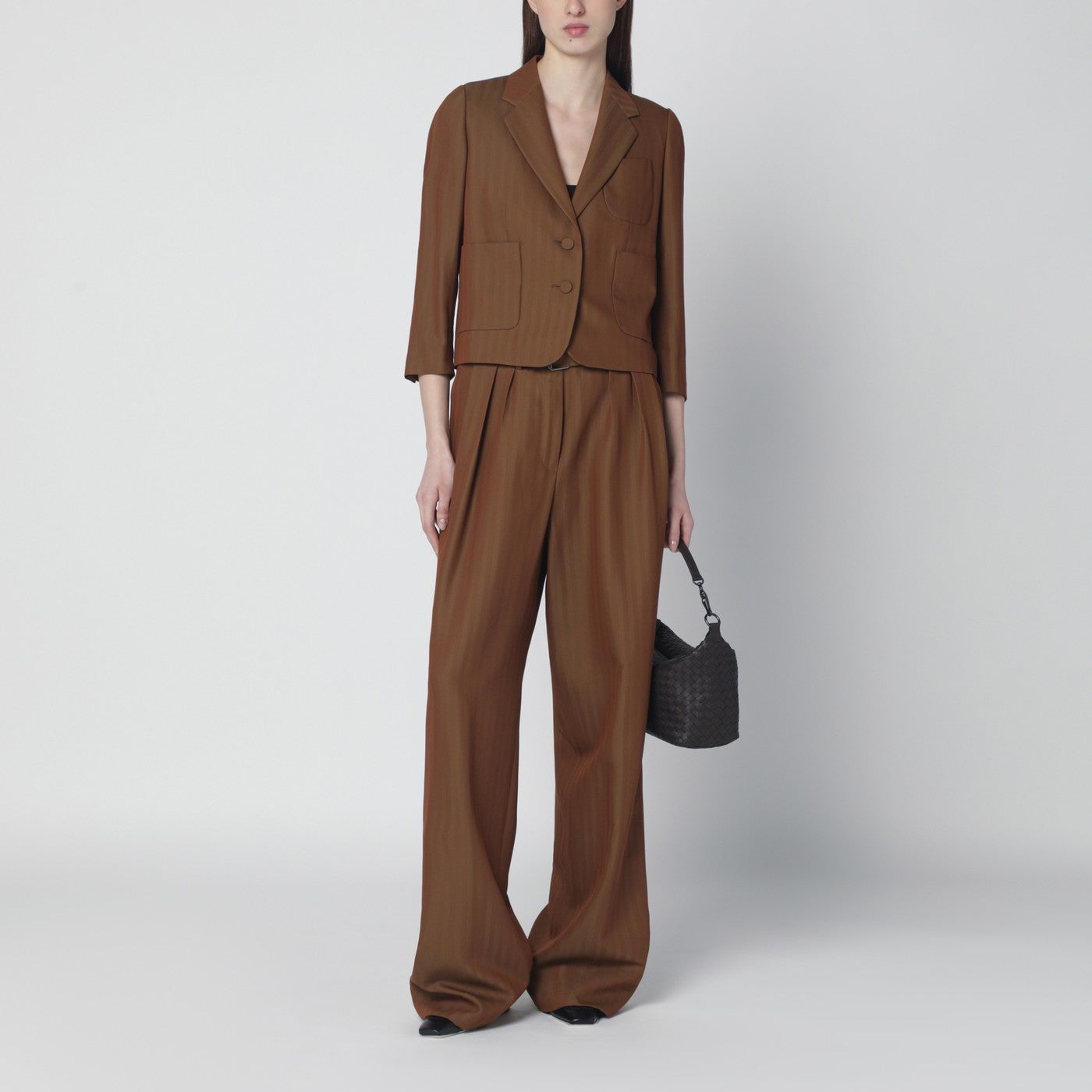 Brown wide-leg wool-blend trousers