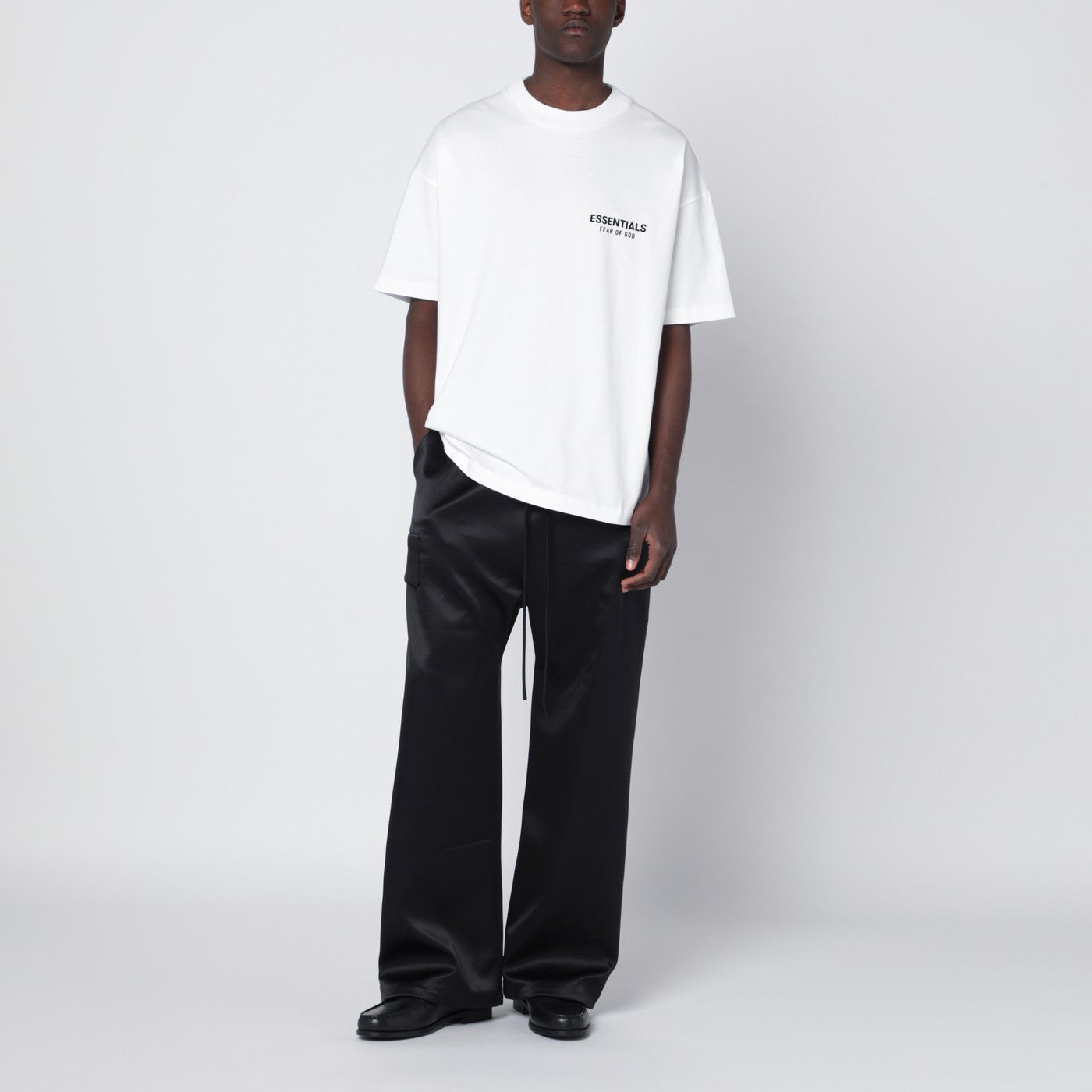 Black satin cargo trousers