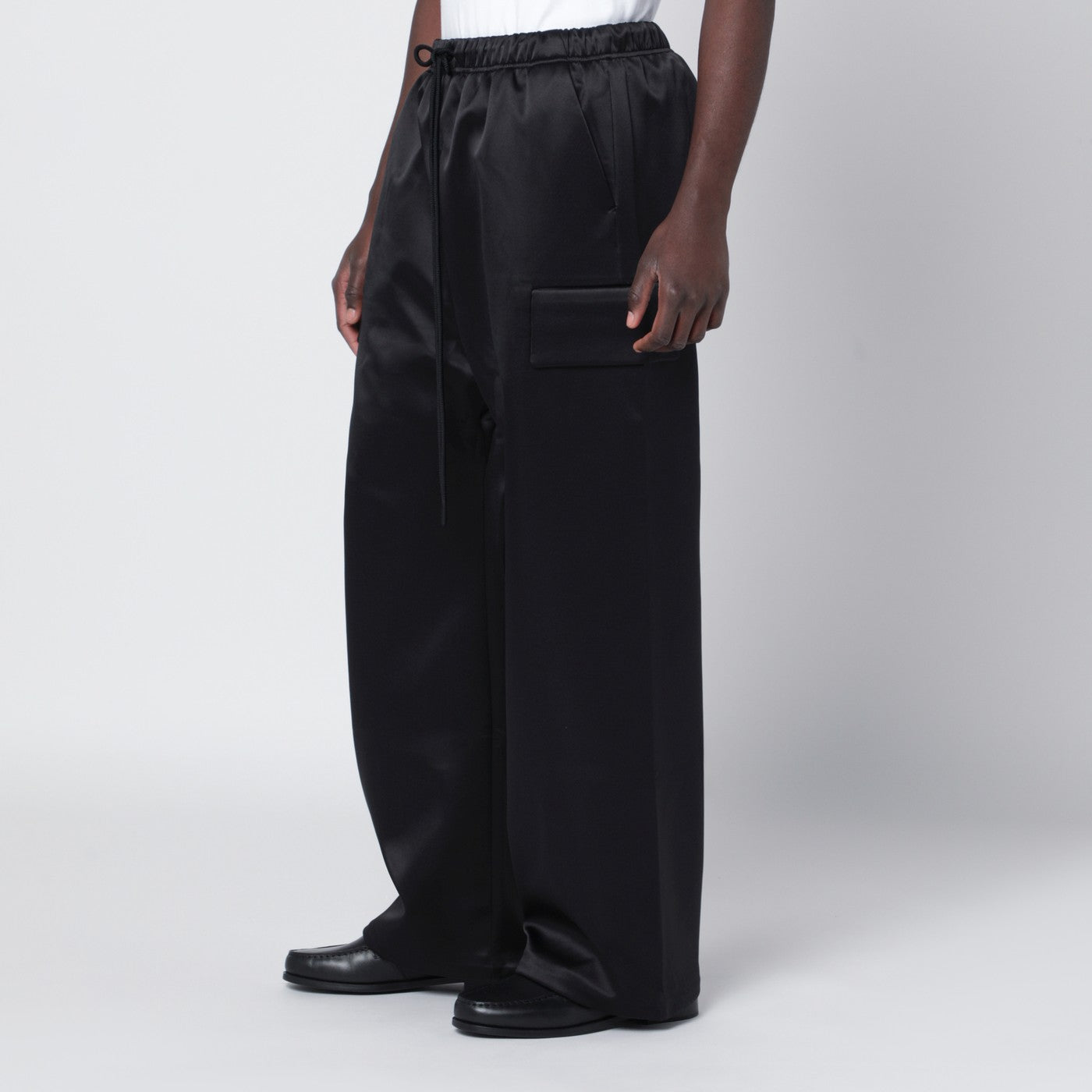 Black satin cargo trousers
