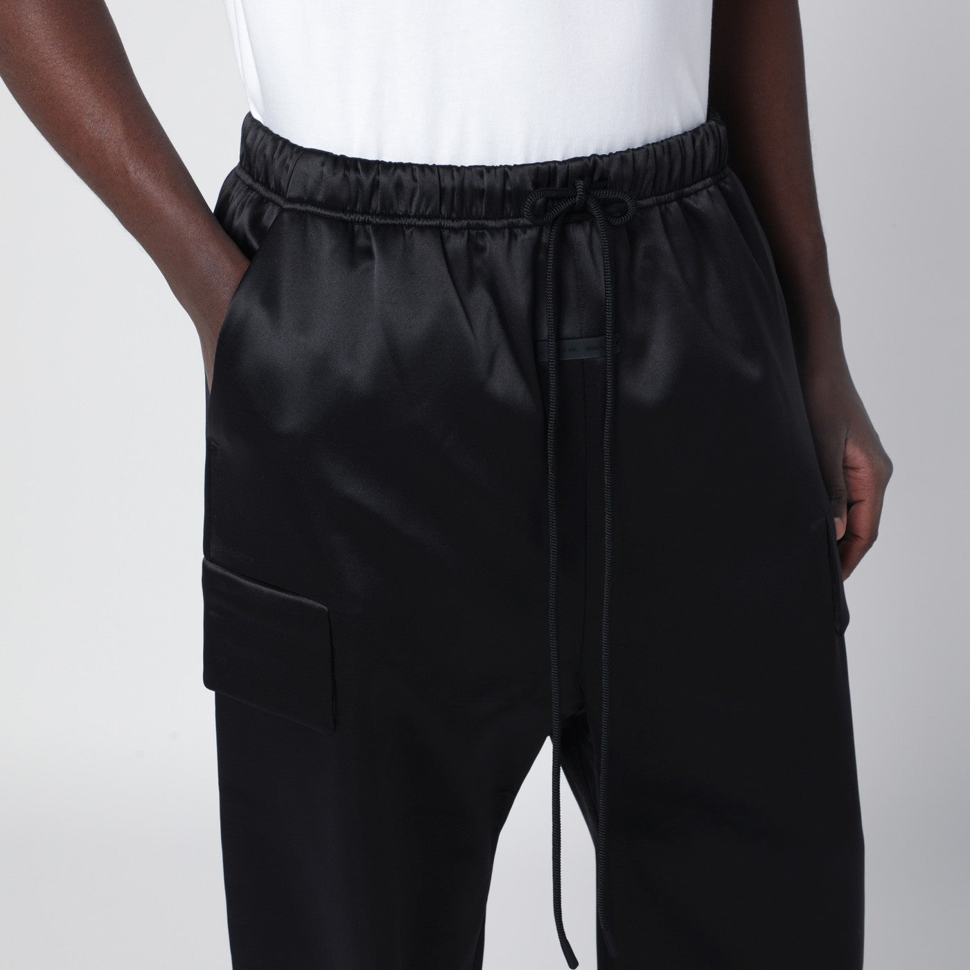 Black satin cargo trousers