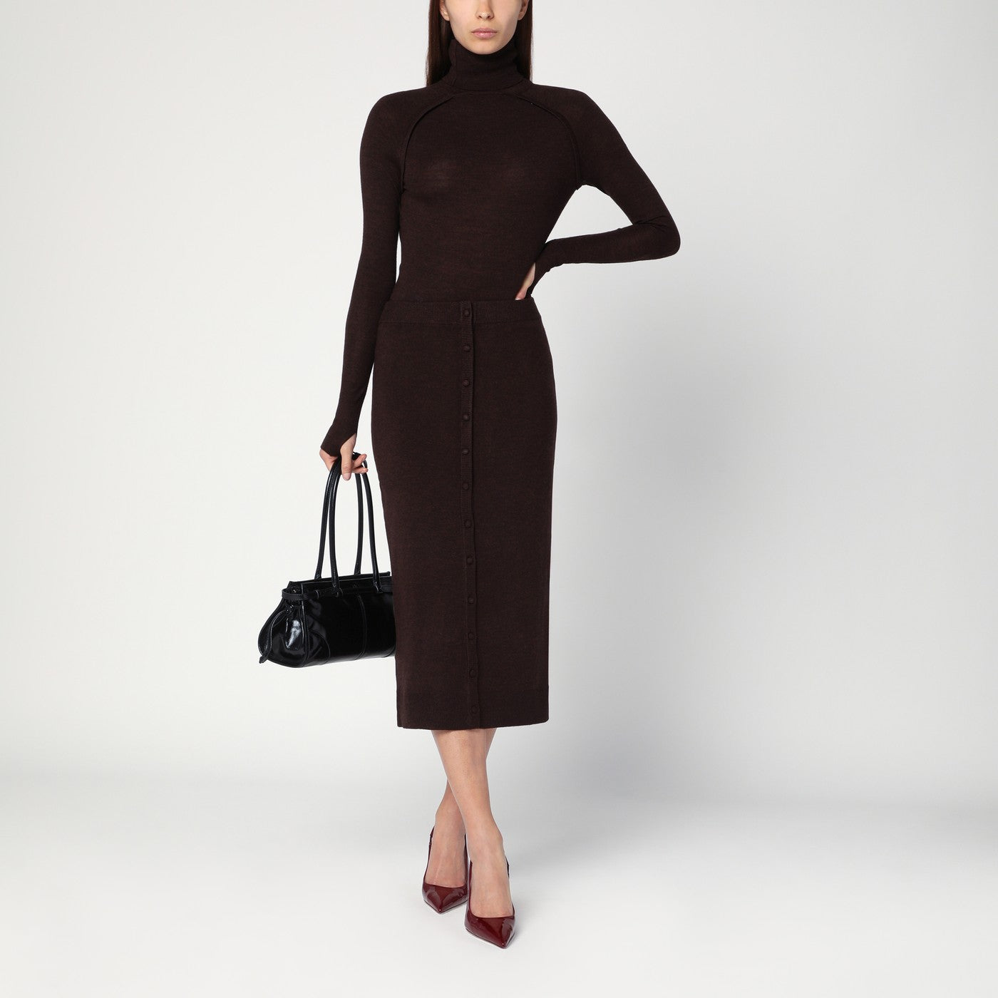 Jupe midi marron en laine mélangée