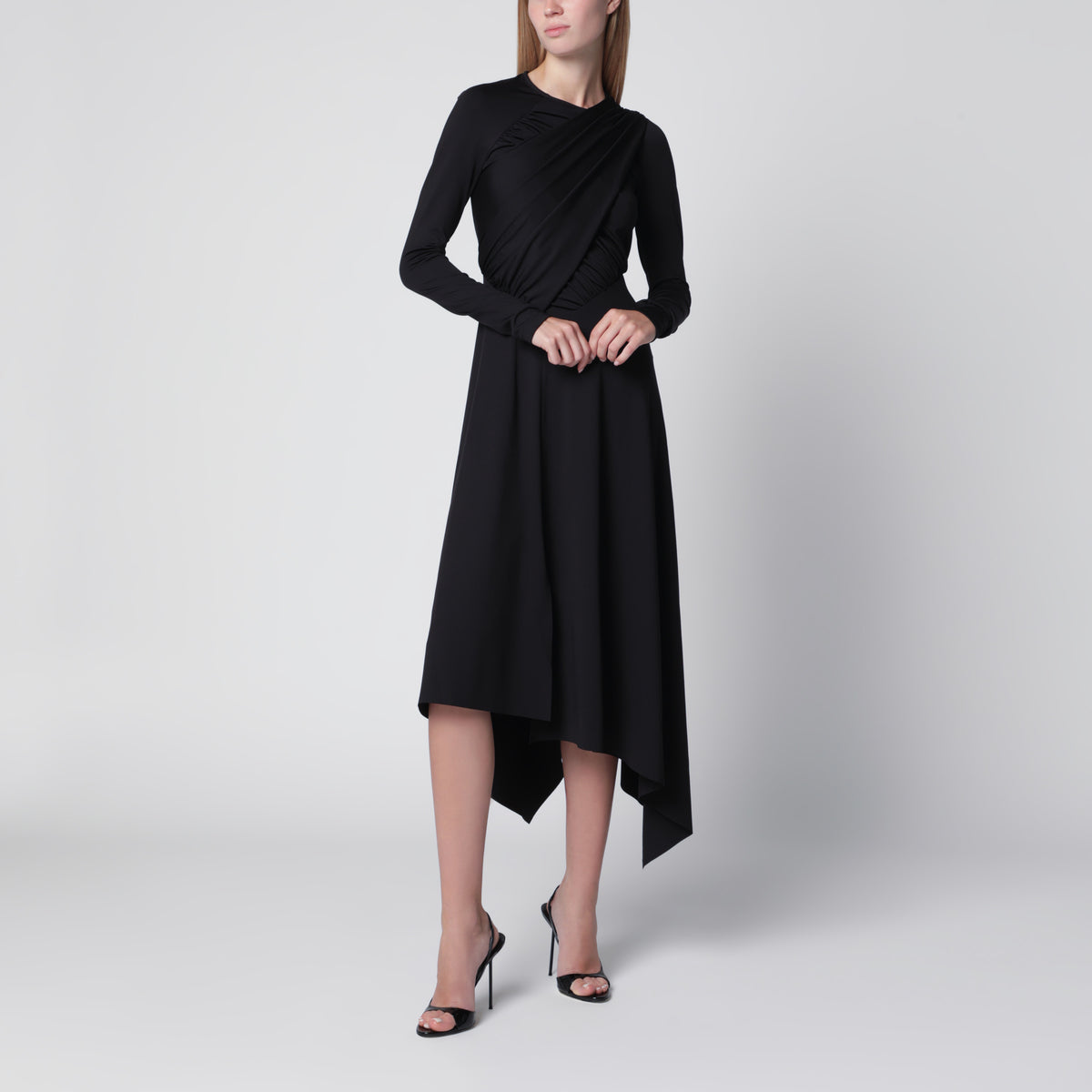 black & cream asymmetric draped dress Perkins Asymmetric Draped Gown  Tadashi Shoji Official Online Boutique