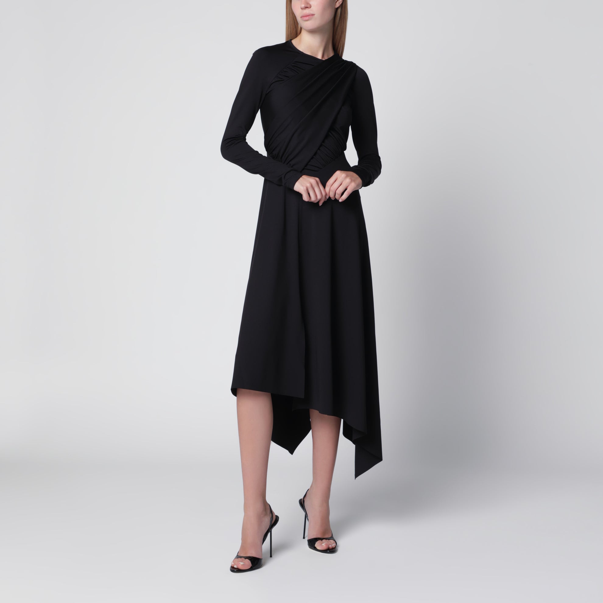 Asymmetrisches Kleid mit Drapierungen aus schwarzem Stretchstoff