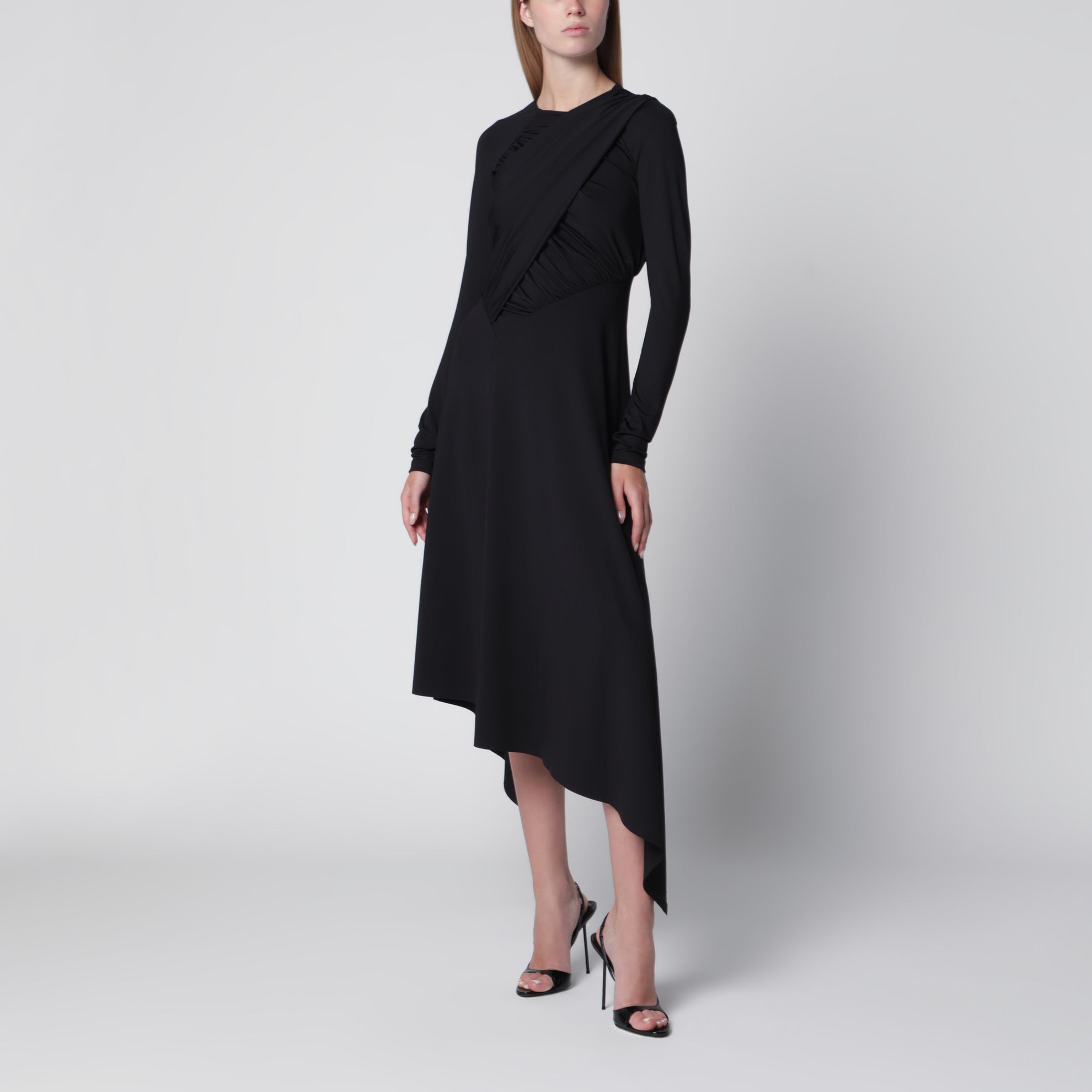 Asymmetrisches Kleid mit Drapierungen aus schwarzem Stretchstoff