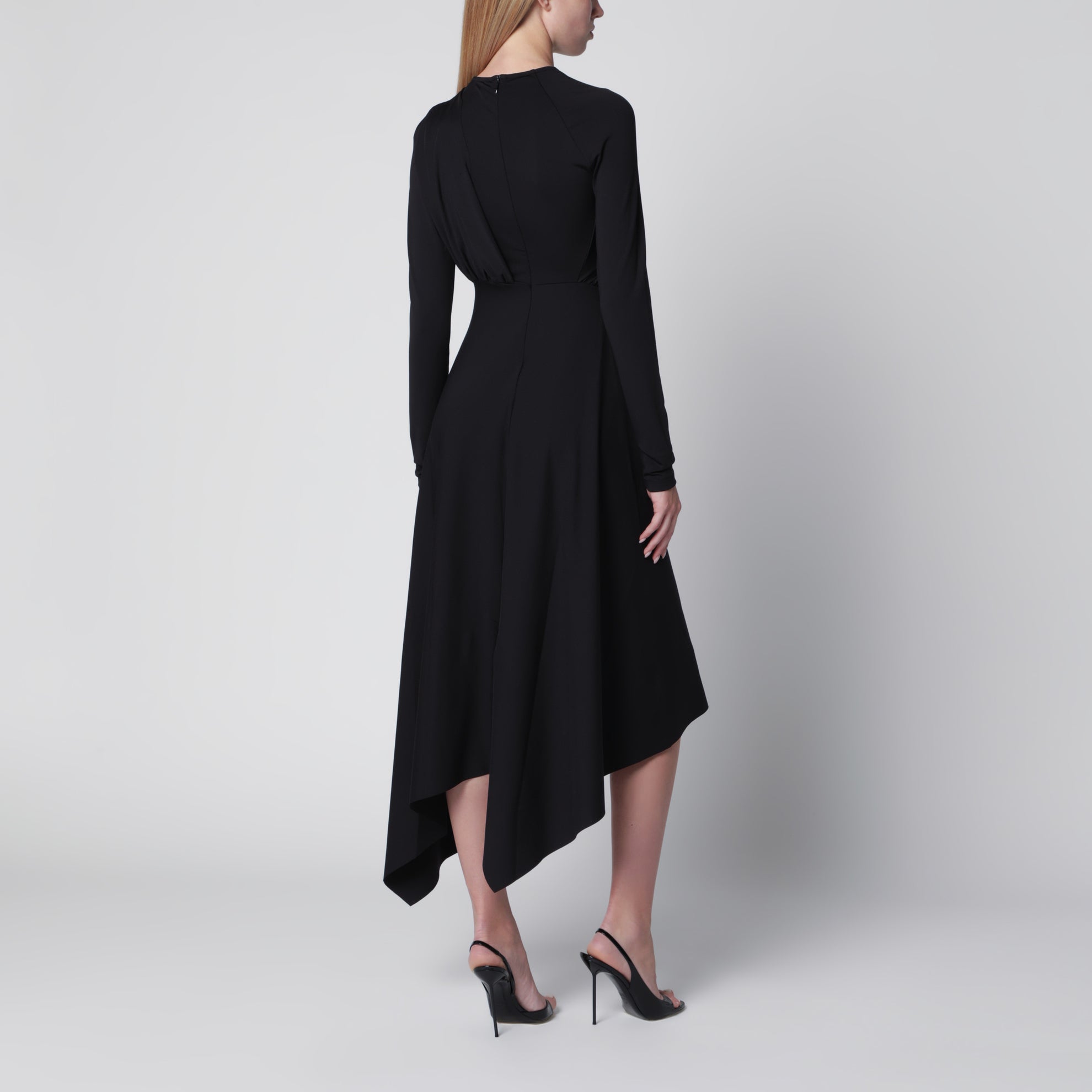 Asymmetrisches Kleid mit Drapierungen aus schwarzem Stretchstoff