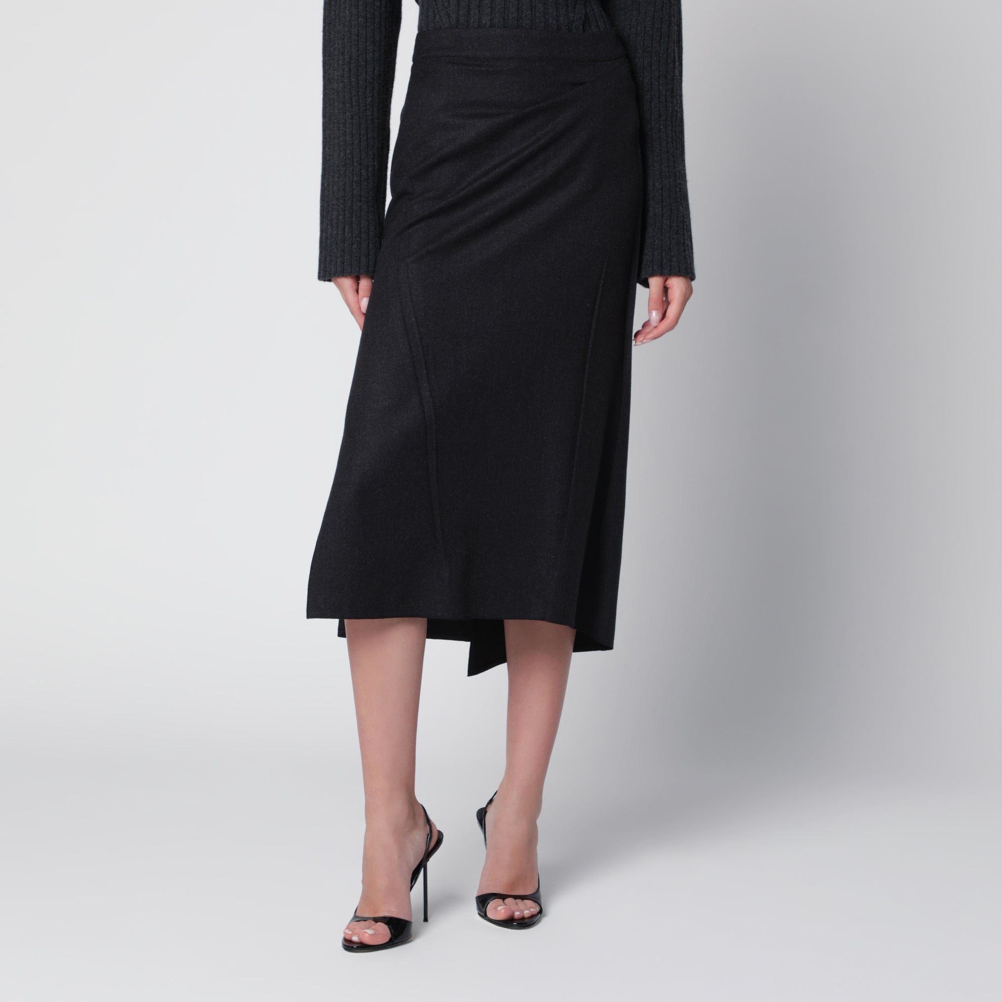 Pressed Midi Skirt in Dark Grey Wool and Mohair