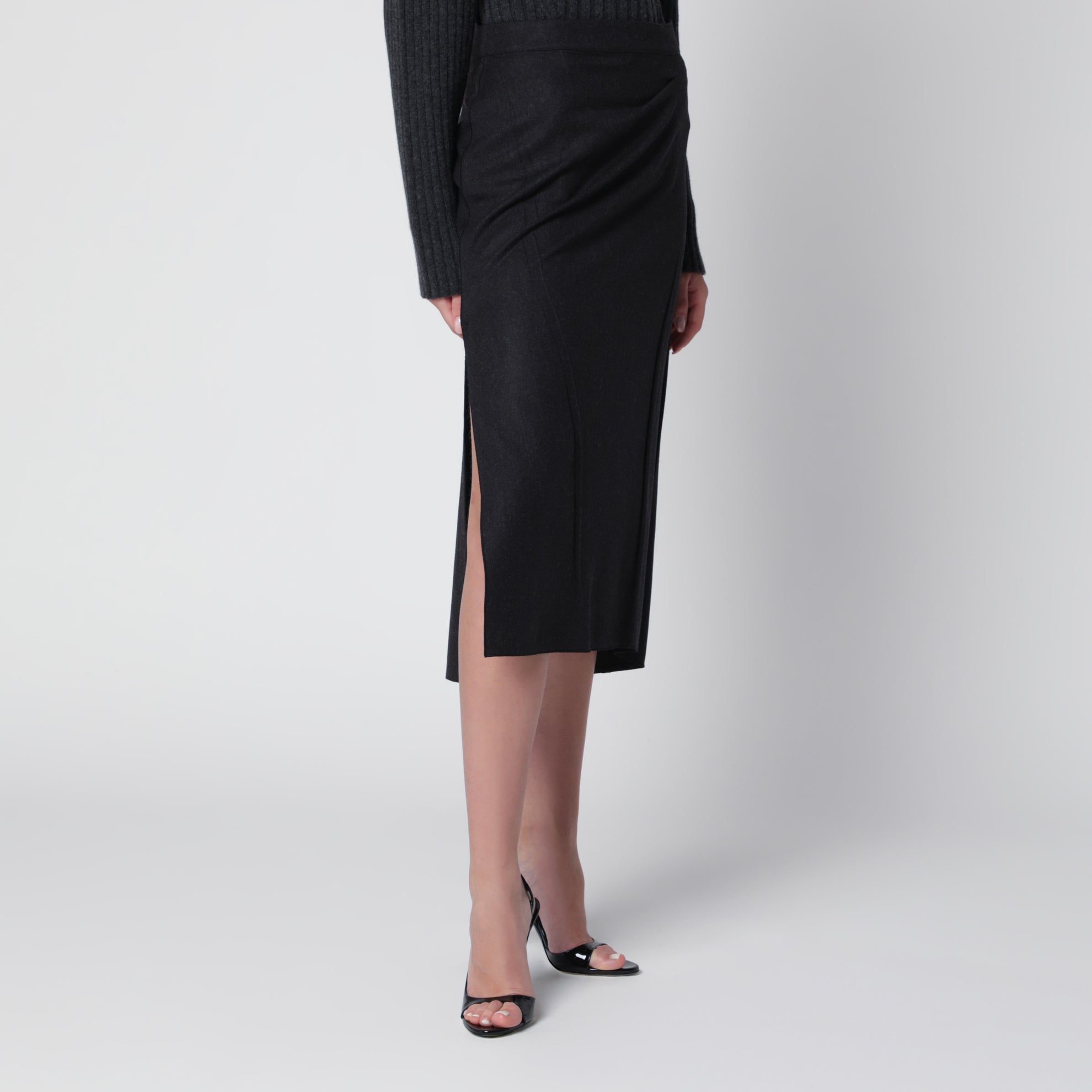 Pressed Midi Skirt in Dark Grey Wool and Mohair
