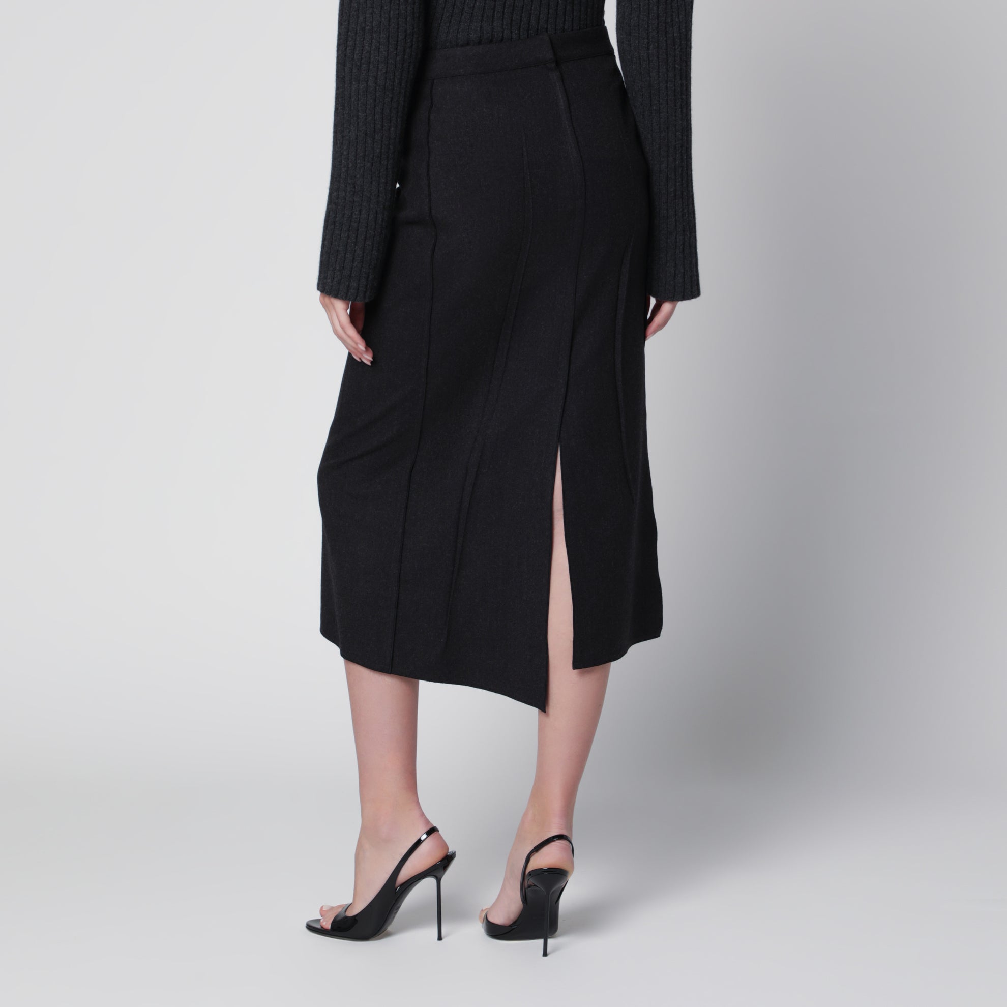 Pressed Midi Skirt in Dark Grey Wool and Mohair