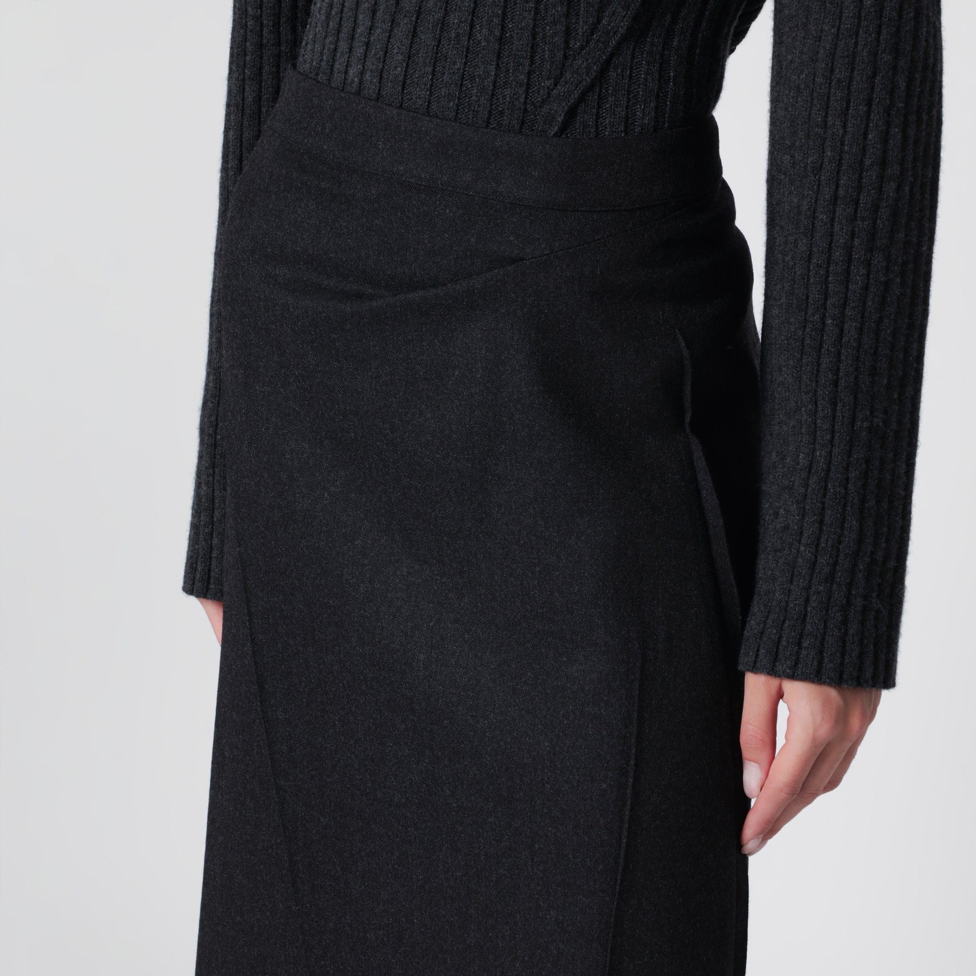 Pressed Midi Skirt in Dark Grey Wool and Mohair
