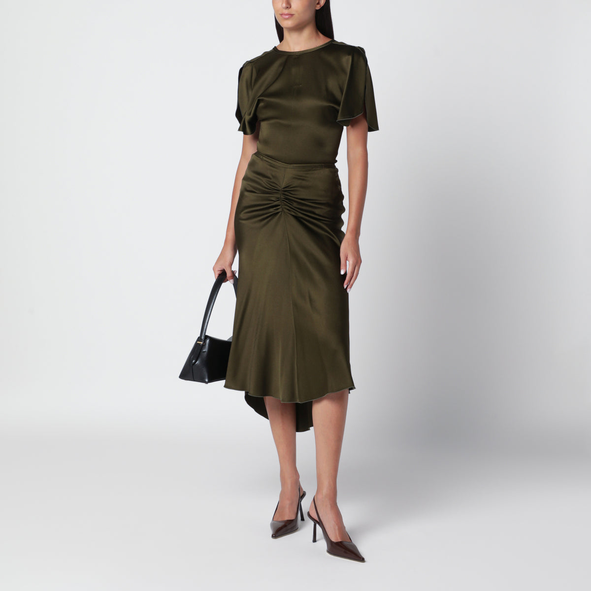 Bella green crepe satin midi skirt