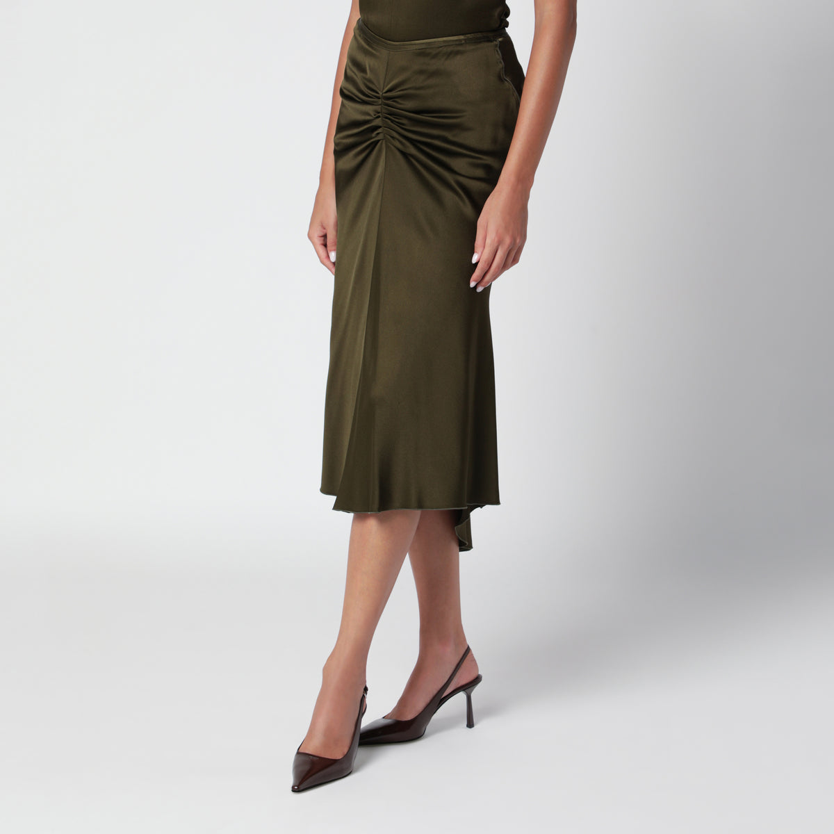 Bella green crepe satin midi skirt